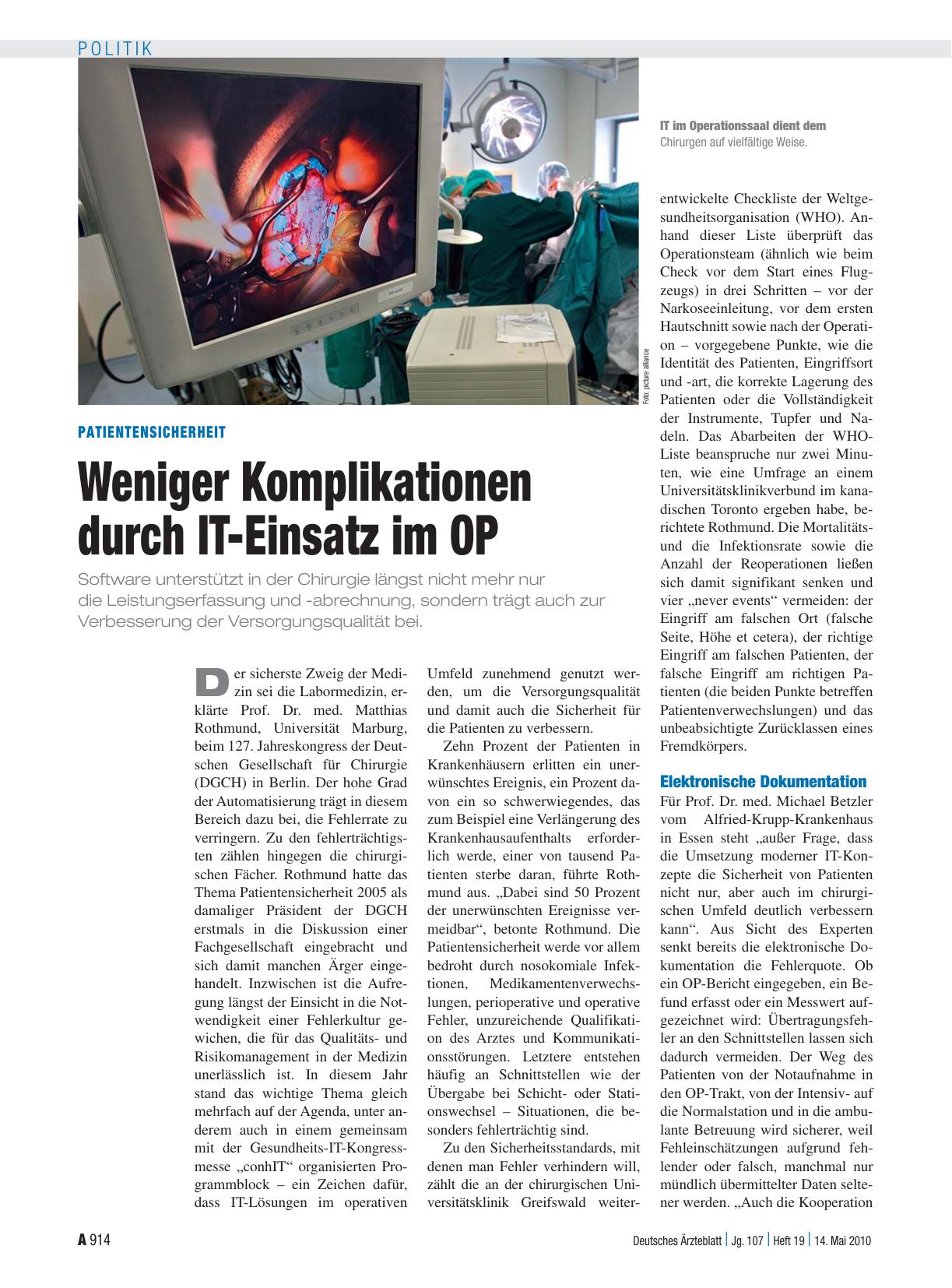 Vorschauseite 1: Patientensicherheit: Weniger Komplikationen durch IT-Einsatz im OP