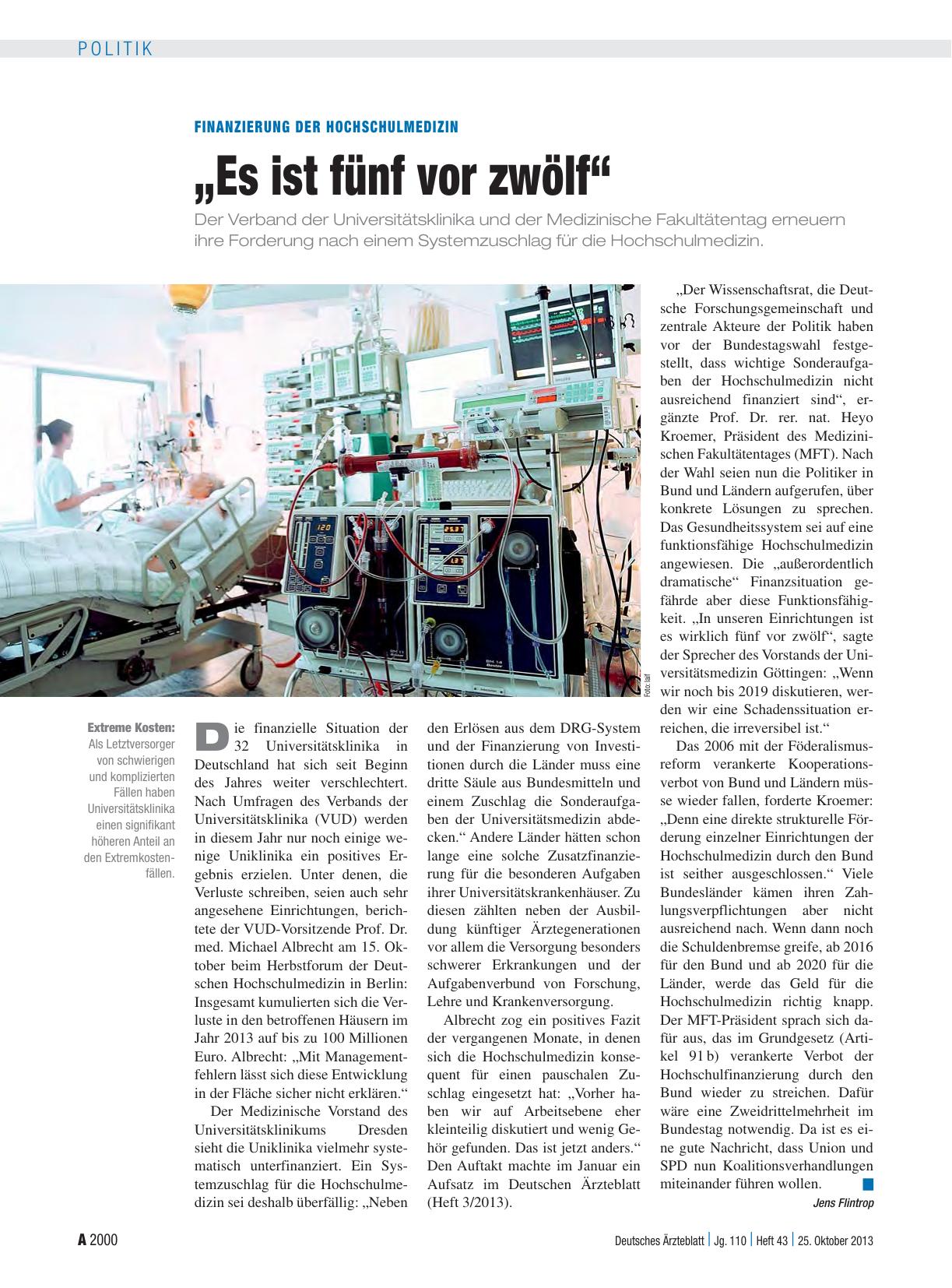 Vorschauseite 1: Finanzierung der Hochschulmedizin: „Es ist fünf vor zwölf“