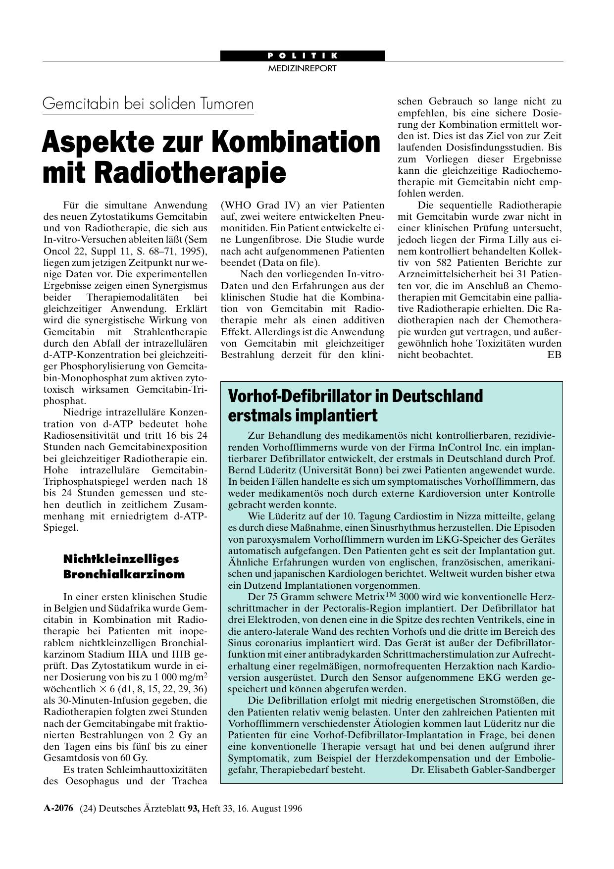 Vorschauseite 1: Gemcitabin bei soliden Tumoren: Aspekte zur Kombination mit Radiotherapie