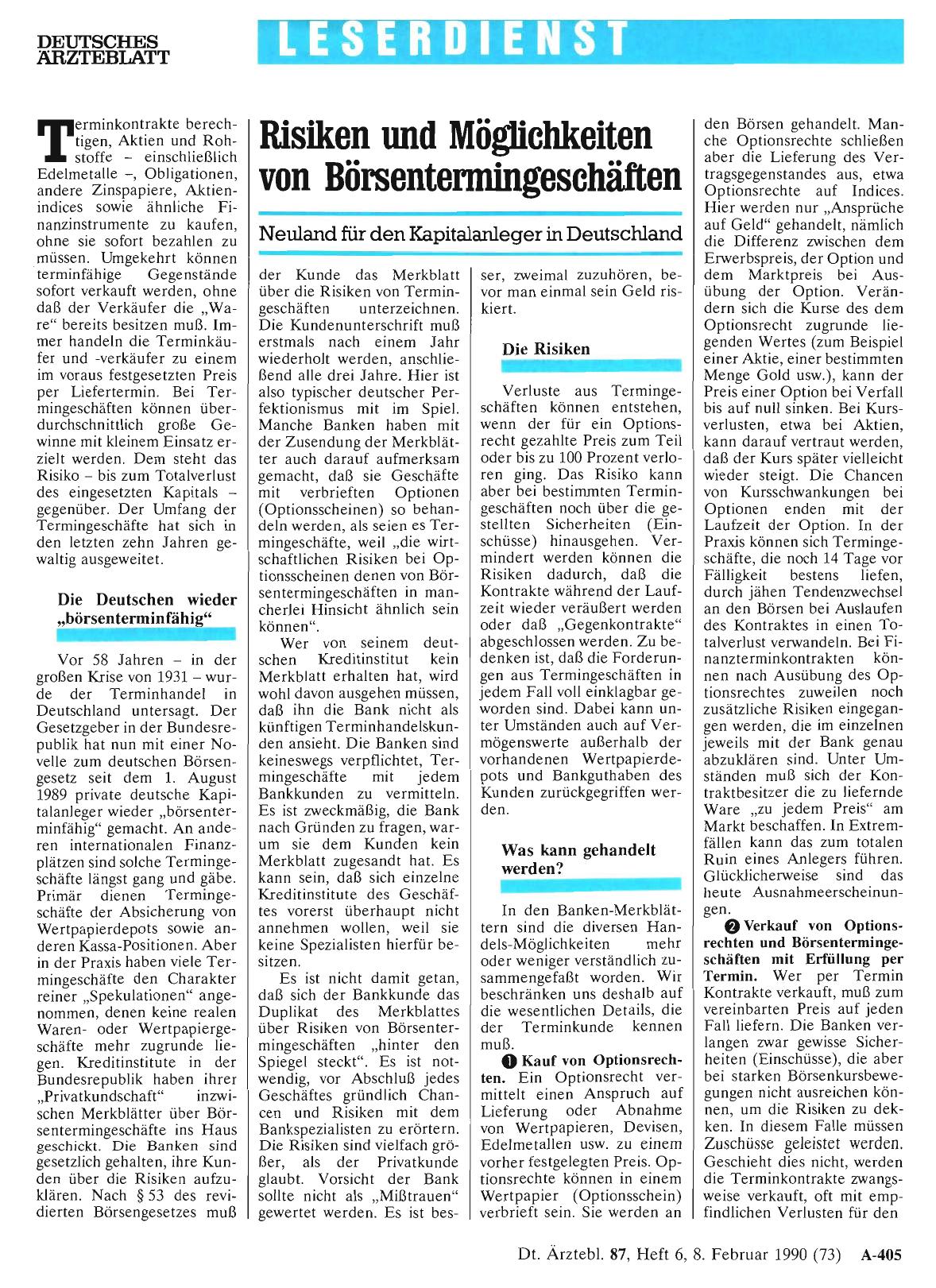 Vorschauseite 1: Risiken und Möglichkeiten von Börsentermingeschäften