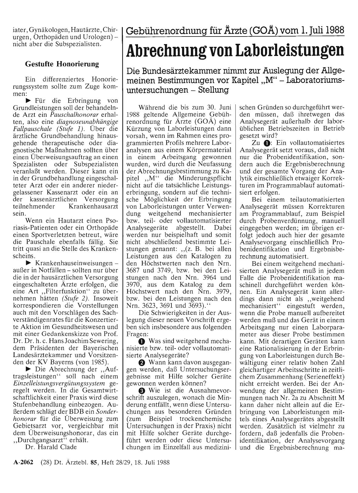 Vorschauseite 1: Gebührenordnung für Ärzte (GOÄ) vom 1. Juli 1988: Abrechnung von Laborleistungen