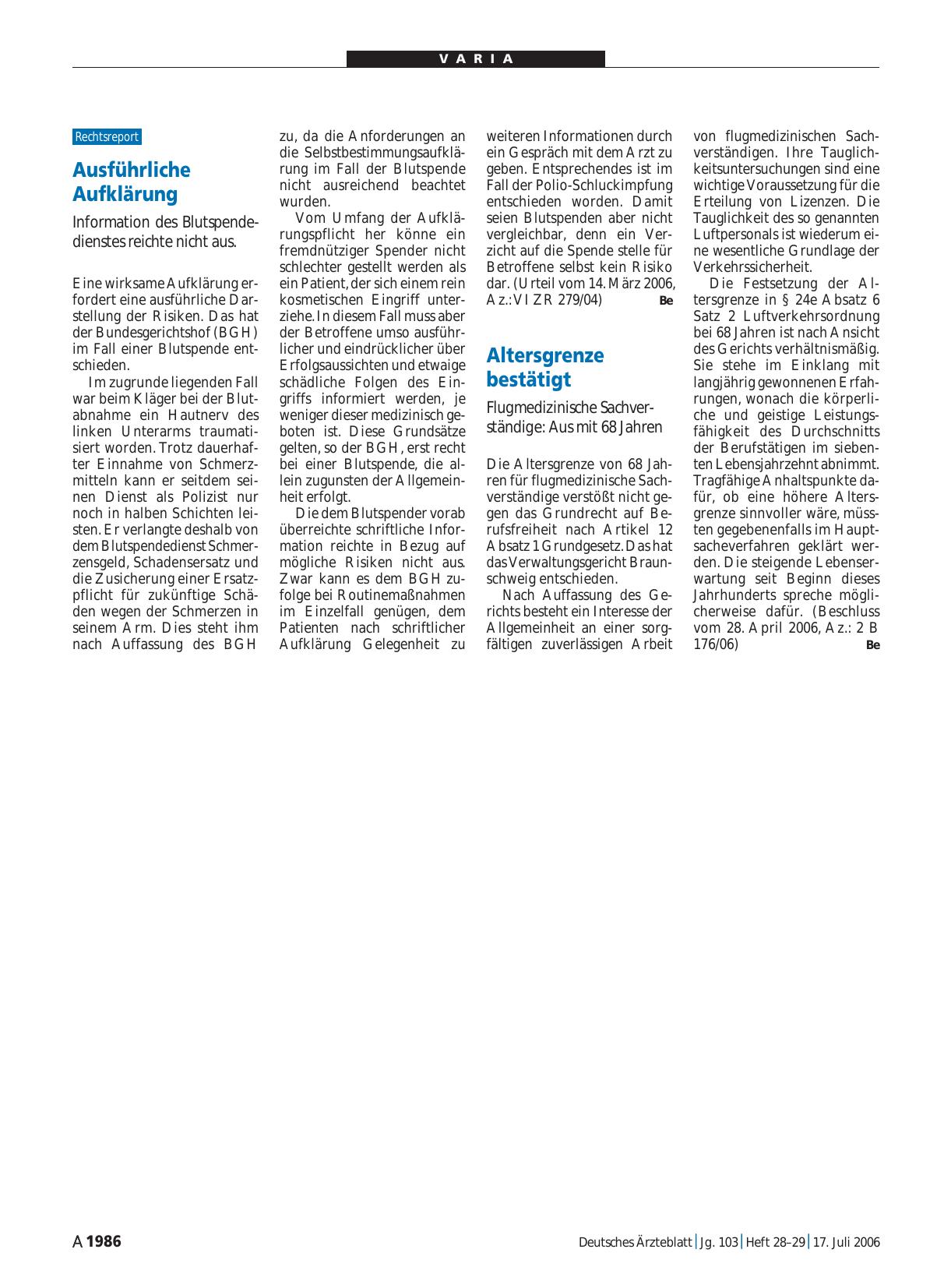 Vorschauseite 1: Ausführliche Aufklärung: Information des Blutspendedienstes reichte nicht aus