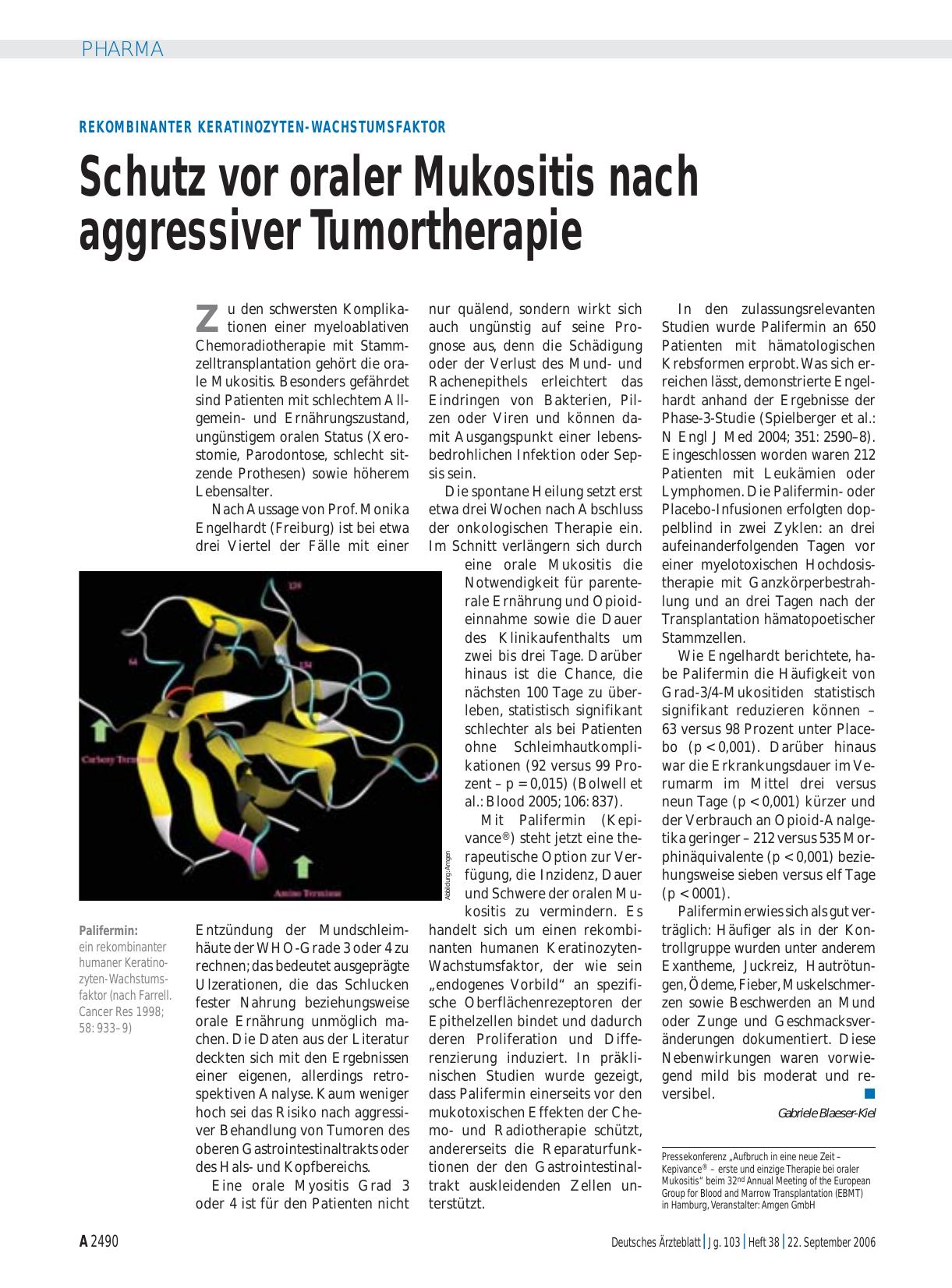 Vorschauseite 1: Rekombinanter Keratinozyten-Wachstumsfaktor: Schutz vor oraler Mukositis nach aggressiver Tumortherapie