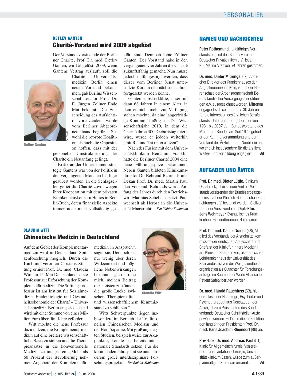 Vorschauseite 1: Detlev Ganten: Charité-Vorstand wird 2009 abgelöst