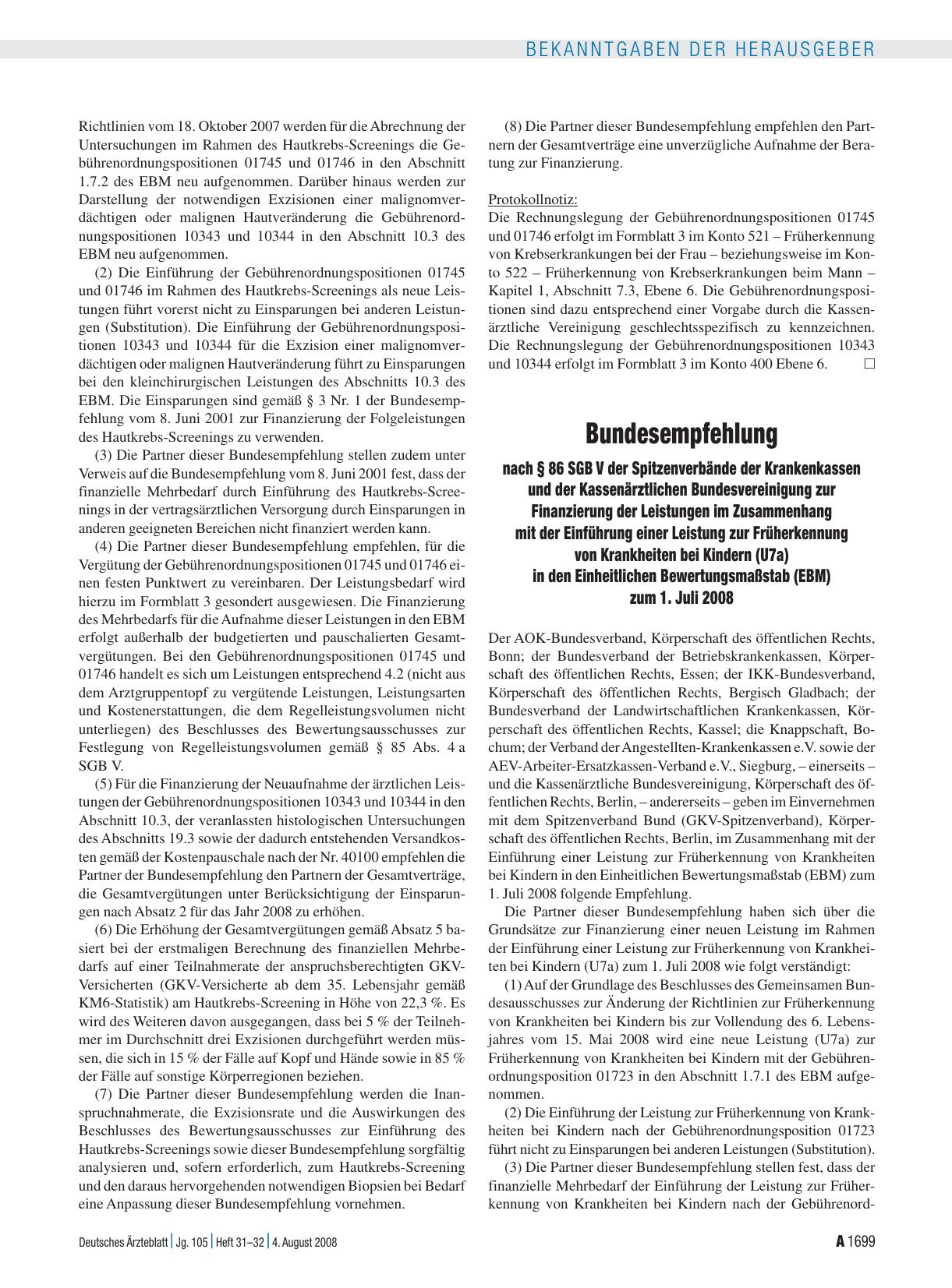 Vorschauseite 1: Bundesempfehlung nach § 86 SGB V der Spitzenverbände der Krankenkassen und der Kassenärztlichen Bundesvereinigung zur Finanzierung der Leistungen im Zusammenhang mit der Einführun…