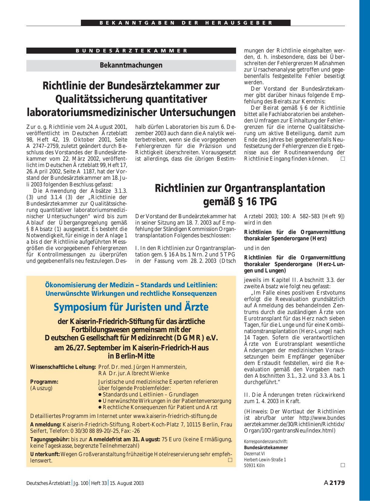 Vorschauseite 1: Bekanntmachungen: Richtlinie der Bundesärztekammer zur Qualitätssicherung quantitativer laboratoriumsmedizinischer Untersuchungen