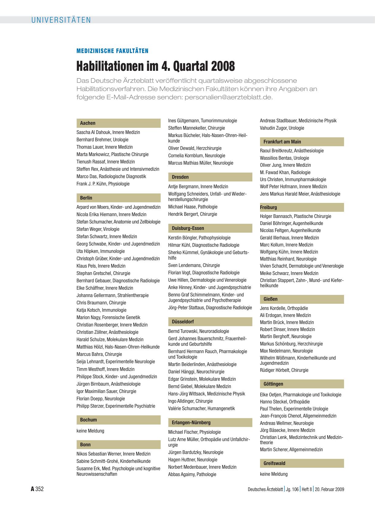 Vorschauseite 1: Medizinische Fakultäten: Habilitationen im 4. Quartal 2008