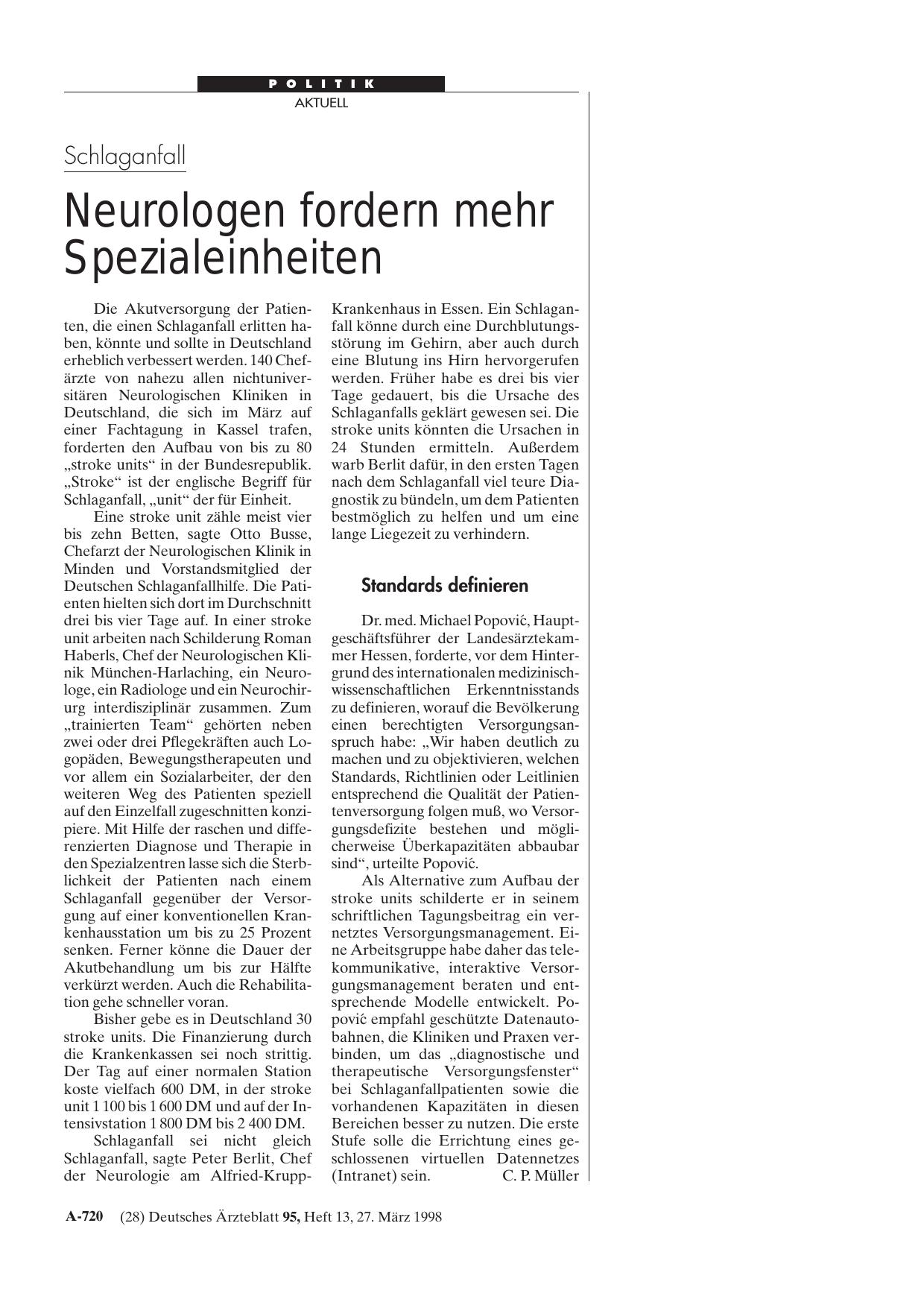 Vorschauseite 1: Schlaganfall: Neurologen fordern mehr Spezialeinheiten