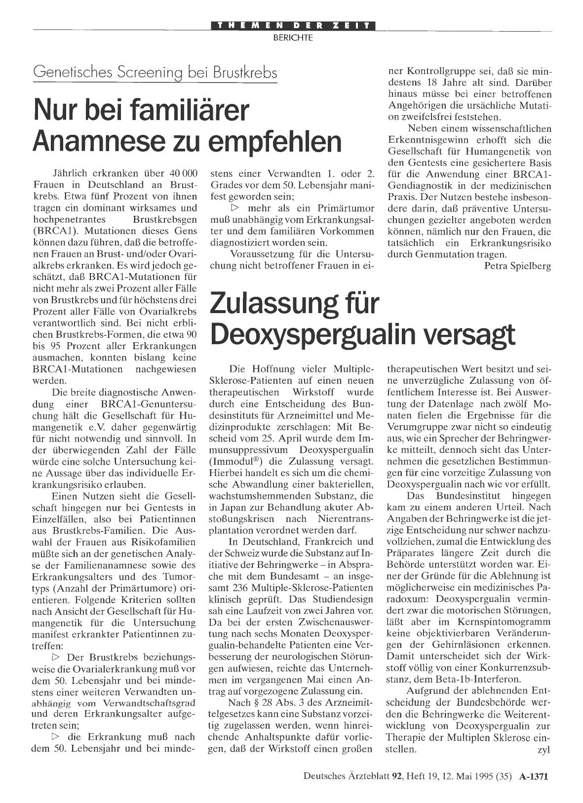 Vorschauseite 1: Zulassung für Deoxyspergualin versagt