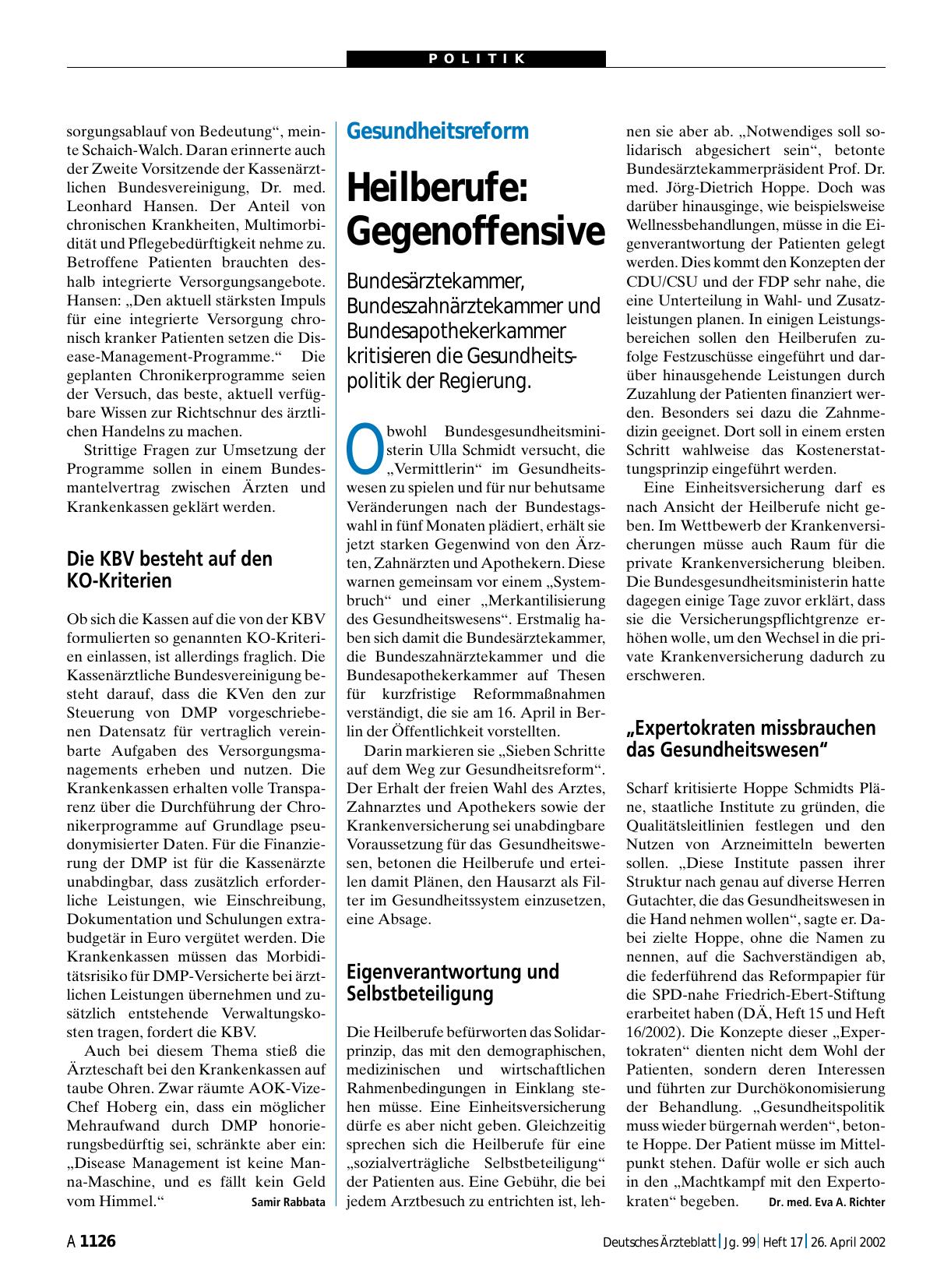 Vorschauseite 1: Gesundheitsreform Heilberufe: Gegenoffensive