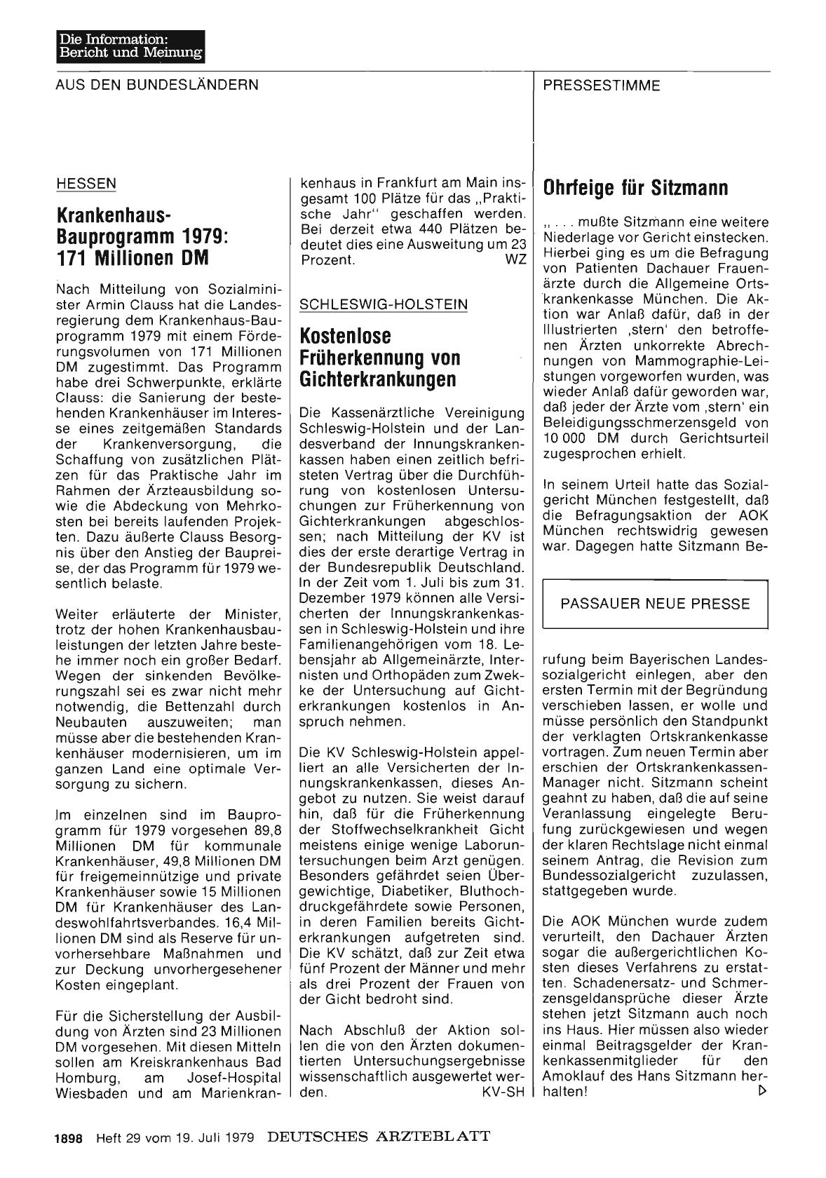 Vorschauseite 1: Krankenhaus-Bauprogramm 1979: 171 Millionen DM