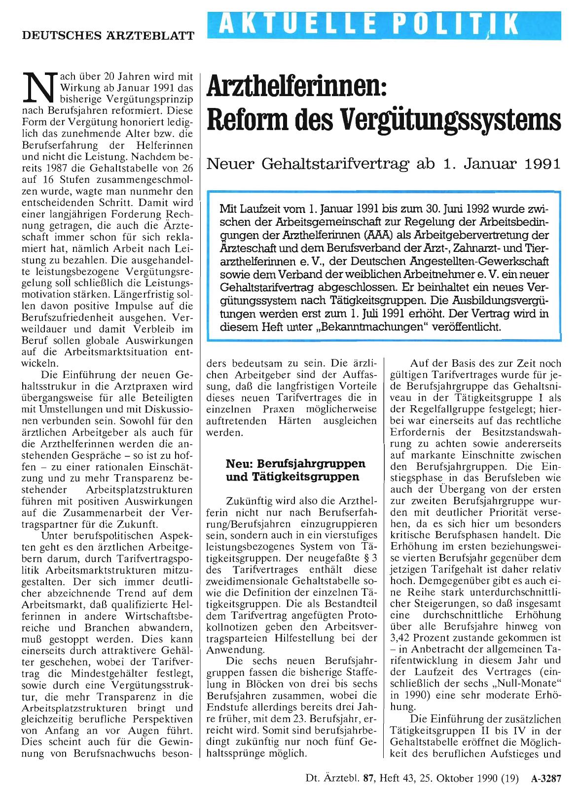 Vorschauseite 1: Arzthelferinnen: Reform des Vergütungssystems - Neuer Gehaltstarifvertrag ab 1. Januar 1991