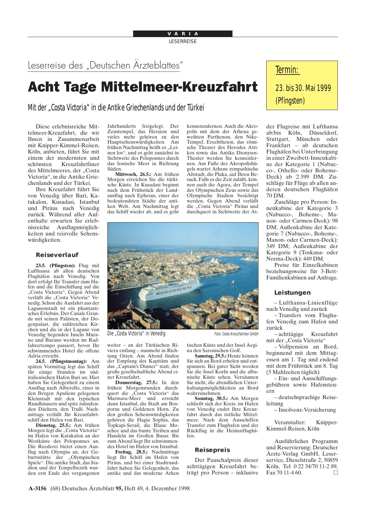 Vorschauseite 1: Leserreise des „Deutschen Ärzteblattes“: Acht Tage Mittelmeer-Kreuzfahrt