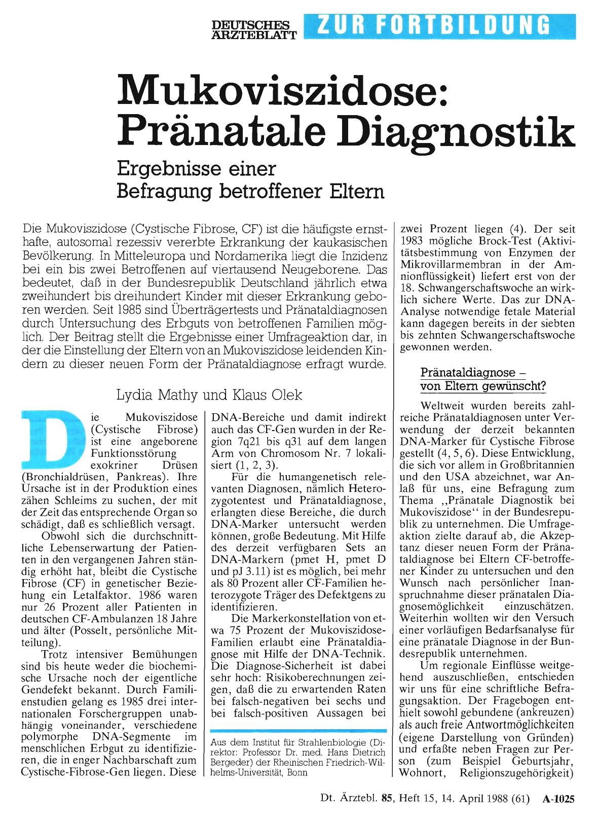 Vorschauseite 1: Mukoviszidose: Pränatale Diagnostik: Ergebnisse einer Befragung betroffener Eltern