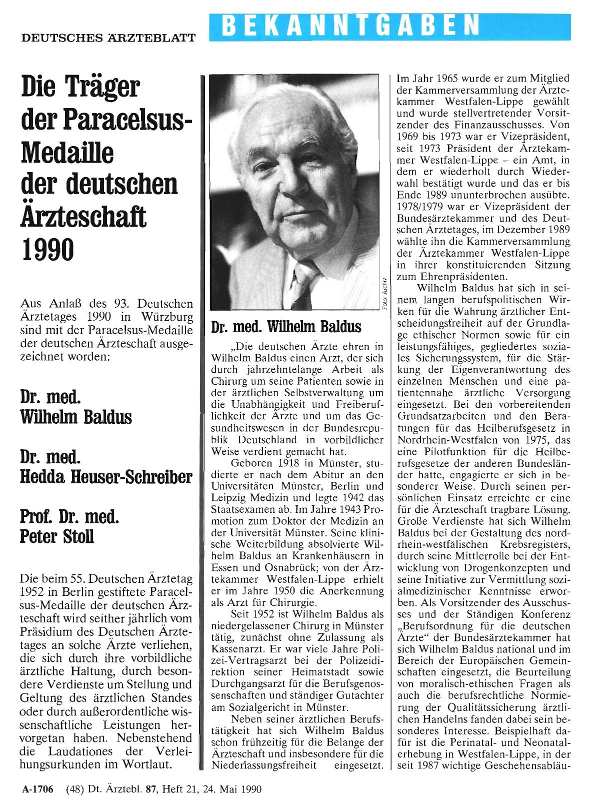 Vorschauseite 1: Die Träger der Paracelsus-Medaille der deutschen Ärzteschaft 1990