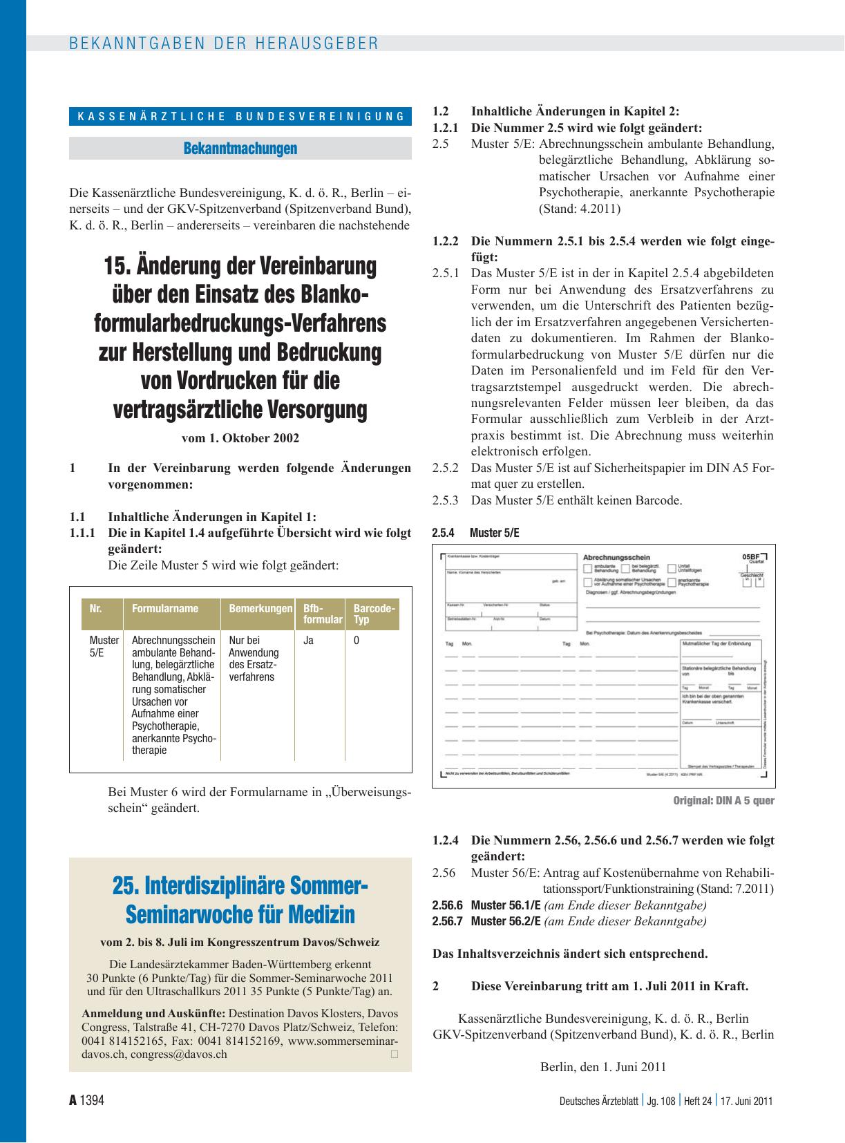 Vorschauseite 1: 15. Änderung der Vereinbarung über den Einsatz des Blankoformularbedruckungs-Verfahrens zur Herstellung und Bedruckung von Vordrucken für die vertragsärztliche Versorgung