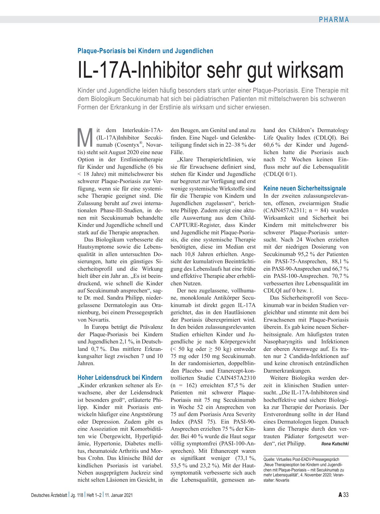 Vorschauseite 1: Plaque-Psoriasis bei Kindern und Jugendlichen: IL-17A-Inhibitor sehr gut wirksam