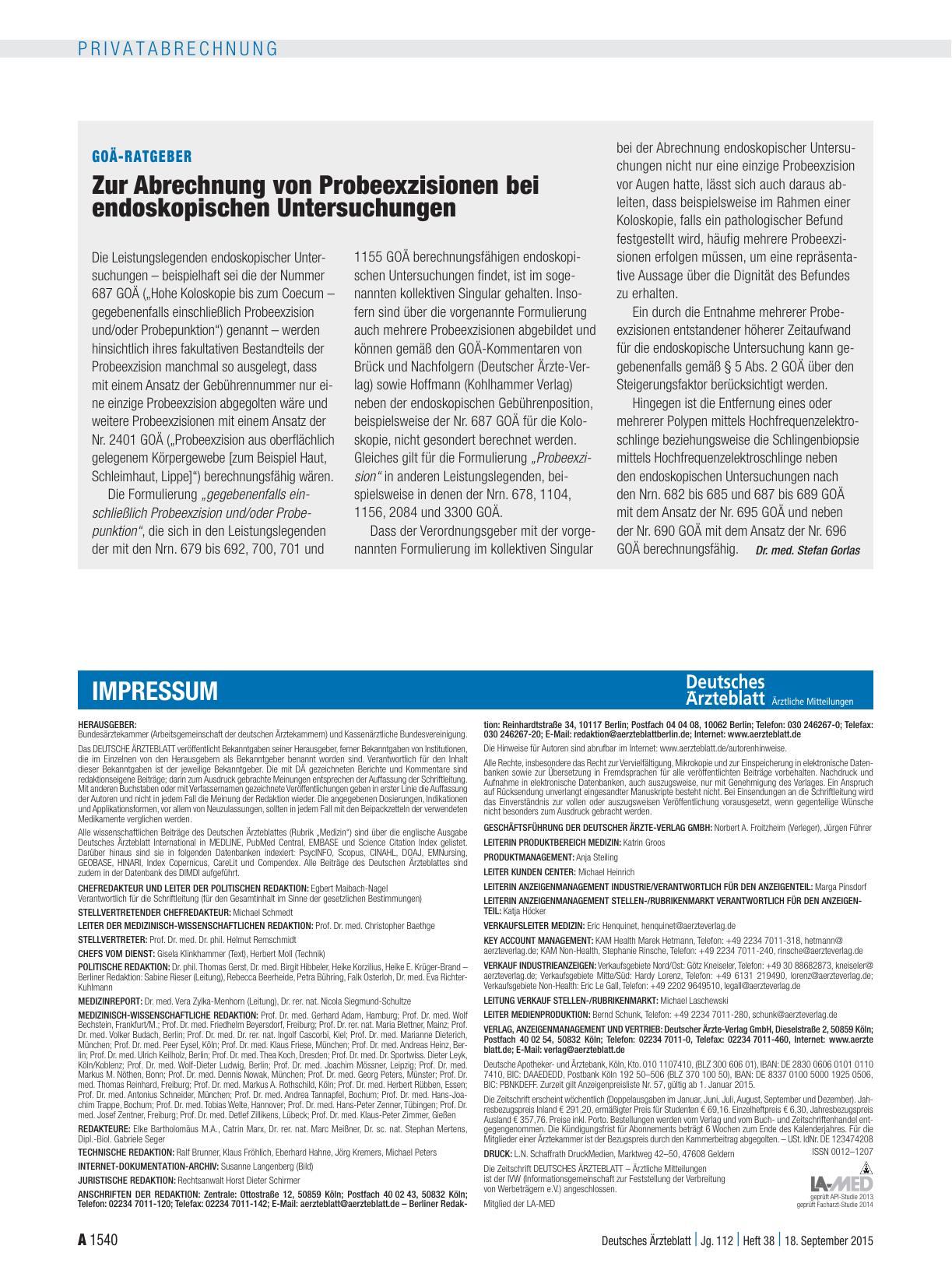 Vorschauseite 1: GOÄ-Ratgeber: Zur Abrechnung von Probeexzisionen bei endoskopischen Untersuchungen