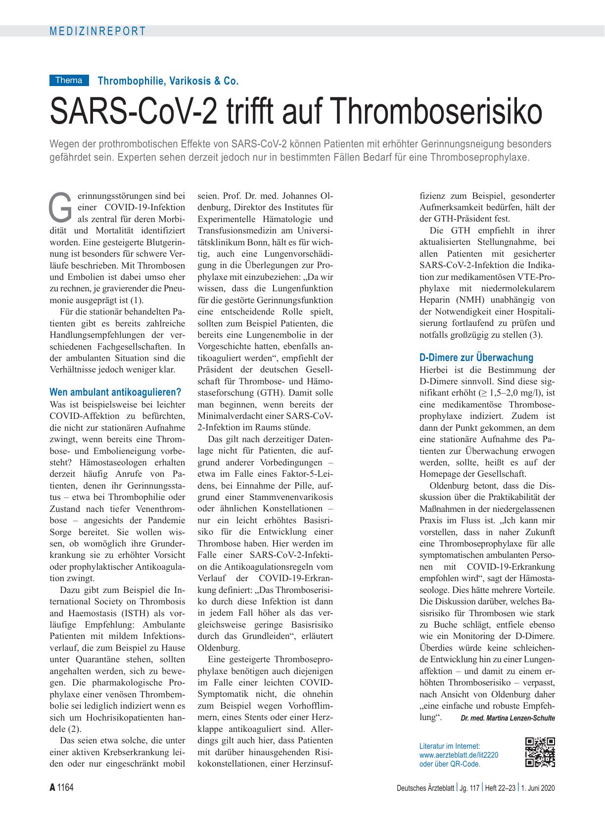 Vorschauseite 1: Thrombophilie, Varikosis & Co.: SARS-CoV-2 trifft auf Thromboserisiko