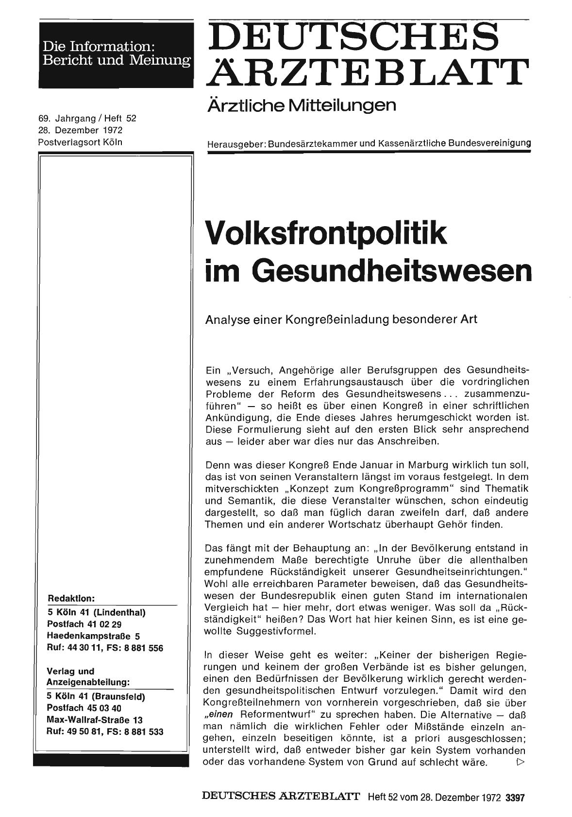 Vorschauseite 1: Volksfrontpolitik im Gesundheitswesen: Analyse einer Kongreßeinladung besonderer Art