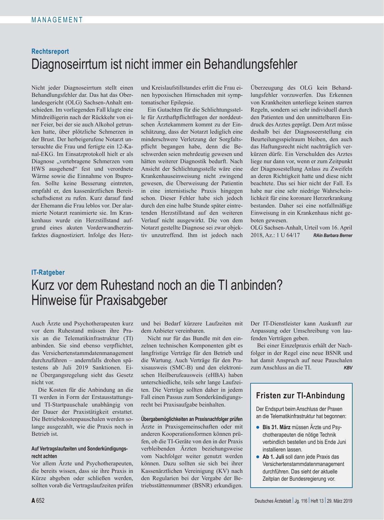 Vorschauseite 1: Rechtsreport: Diagnoseirrtum ist nicht immer ein Behandlungsfehler