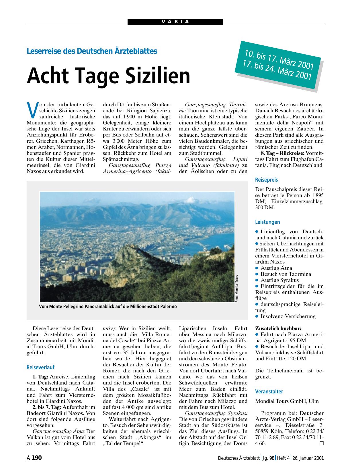 Vorschauseite 1: Leserreise des Deutschen Ärzteblattes: Acht Tage Sizilien