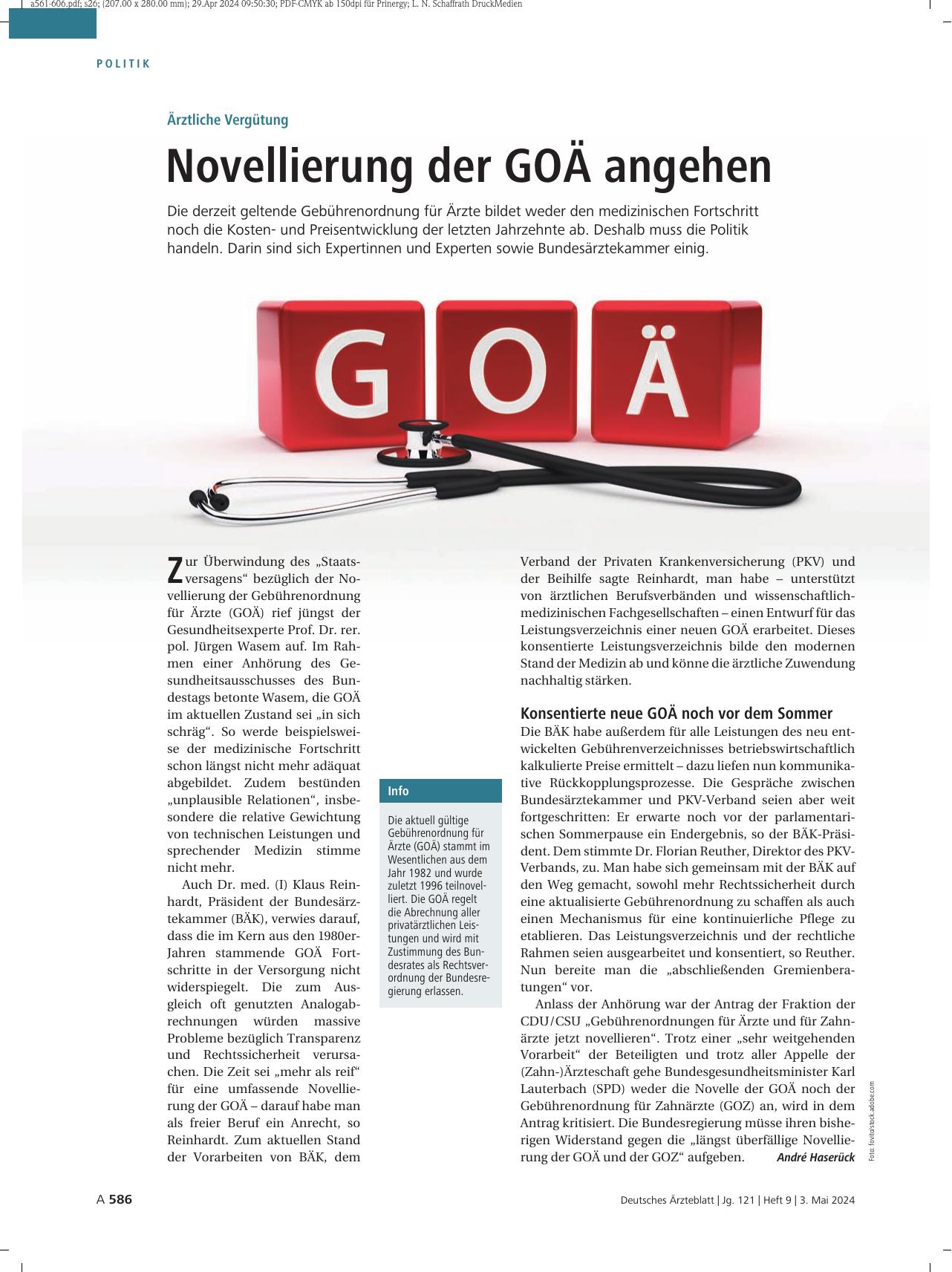 Vorschauseite 1: Ärztliche Vergütung: Novellierung der GOÄ angehen