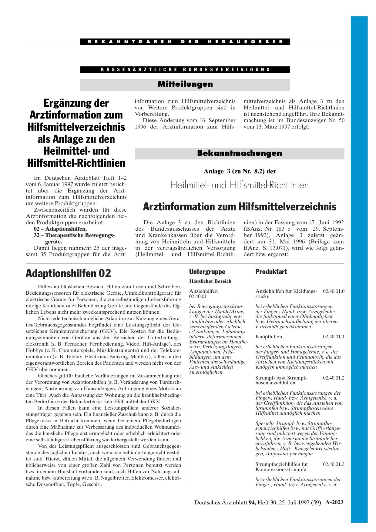 Vorschauseite 1: Mitteilungen: Ergänzung der Arztinformation zum Hilfsmittelverzeichnis als Anlage zu den Heilmittelund Hilfsmittel Richtlinien