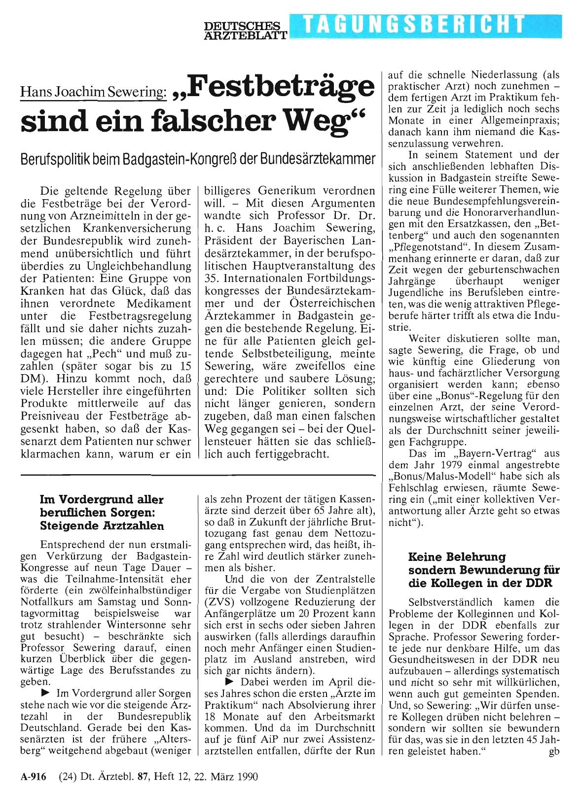 Vorschauseite 1: , ,Festbeträge sind ein falscher Weg'': Berufspolitik beim Badgastein-Kongreß der Bundesärztekammer