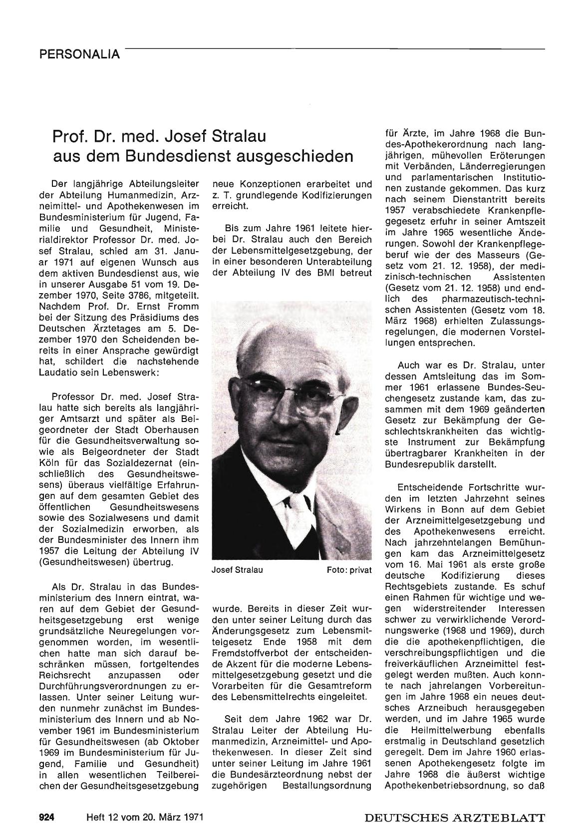Vorschauseite 1: Prof. Dr. med. Josef Strafau aus dem Bundesdienst ausgeschieden