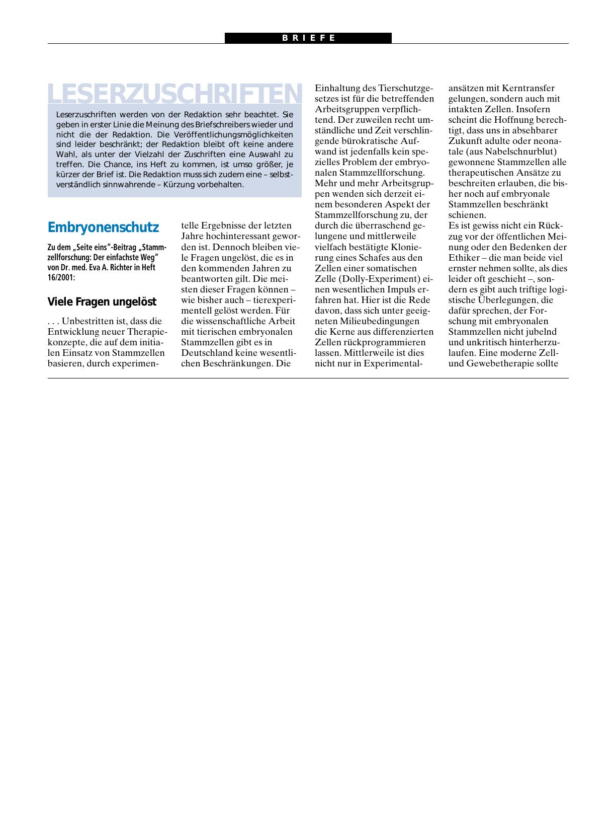 Vorschauseite 1: Embryonenschutz: Viele Fragen ungelöst