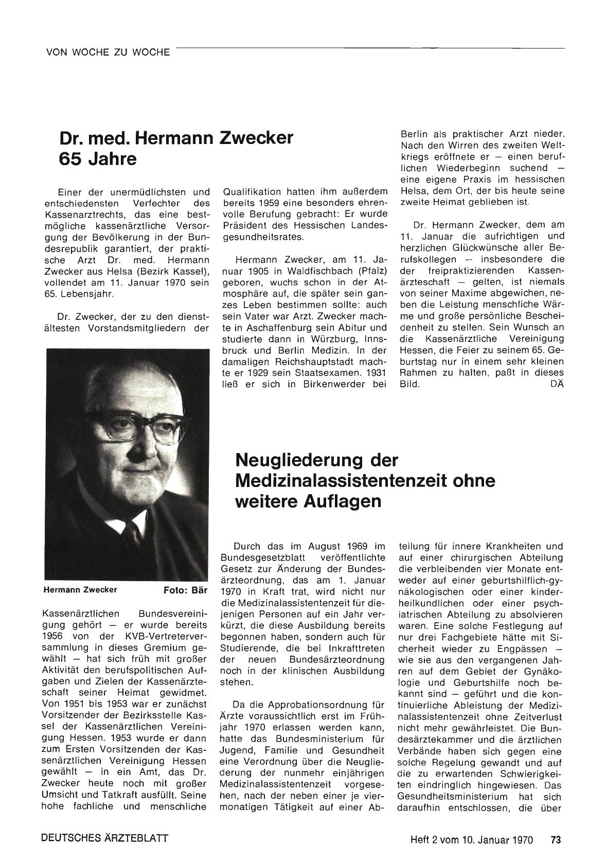 Vorschauseite 1: Dr. med. Hermann Zwecker 65 Jahre