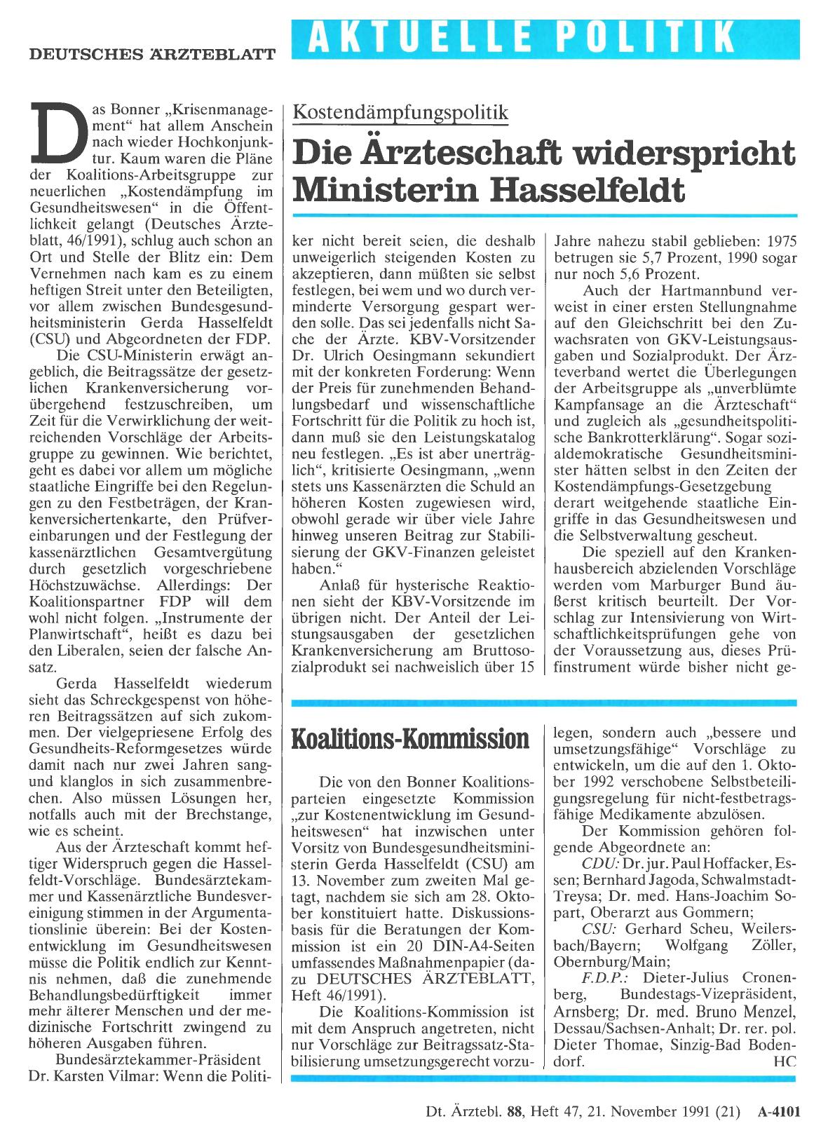 Vorschauseite 1: Kostendämpfungspolitik: Die Ärzteschaft widerspricht Ministerin Hasselfeldt