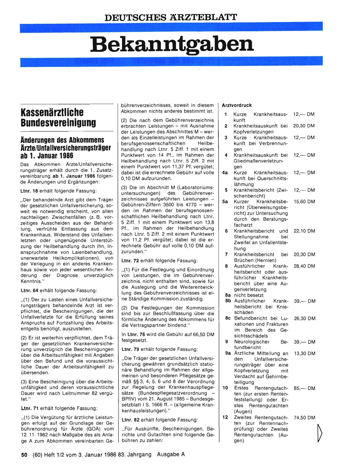 Vorschauseite 1: Änderungen des Abkommens Ärzte/Unfallversicherungsträger ab 1. Januar 1986