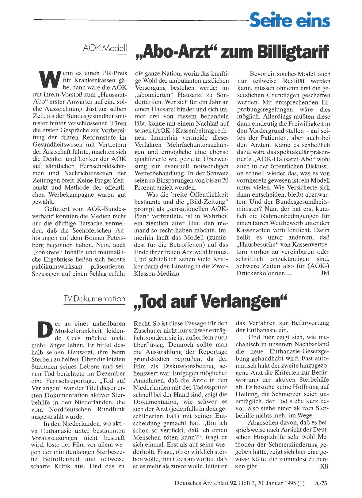Vorschauseite 1: AOK-Modell: „Abo-Arzt“ zum Billigtarif