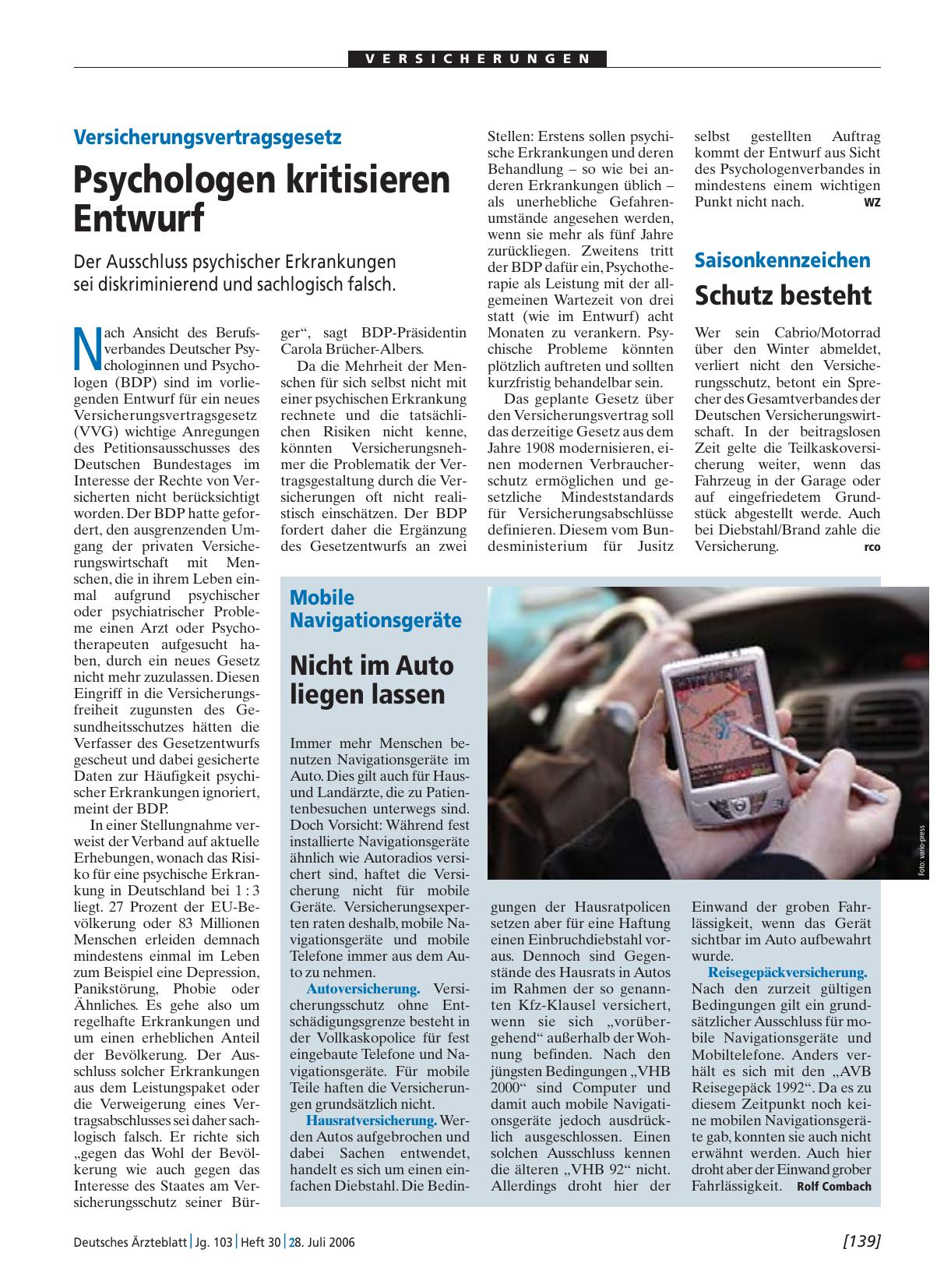 Vorschauseite 1: Versicherungsvertragsgesetz: Psychologen kritisieren Entwurf