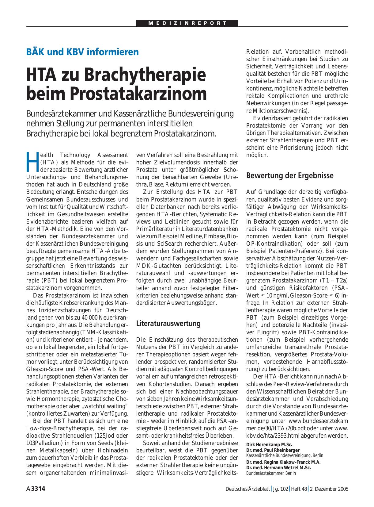 Vorschauseite 1: BÄK und KBV informieren: HTA zu Brachytherapie beim Prostatakarzinom