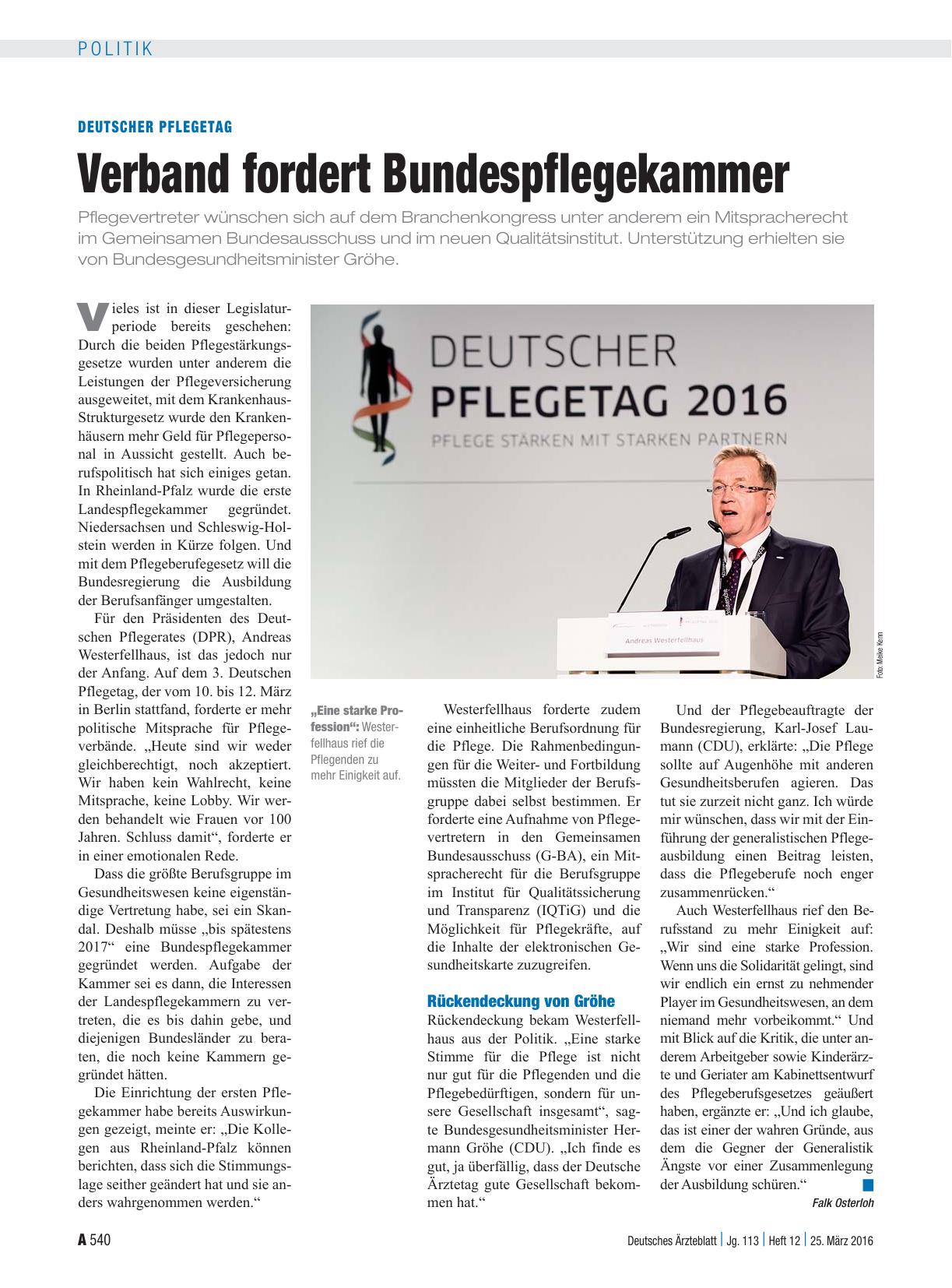 Vorschauseite 1: Deutscher Pflegetag: Verband fordert Bundespflegekammer