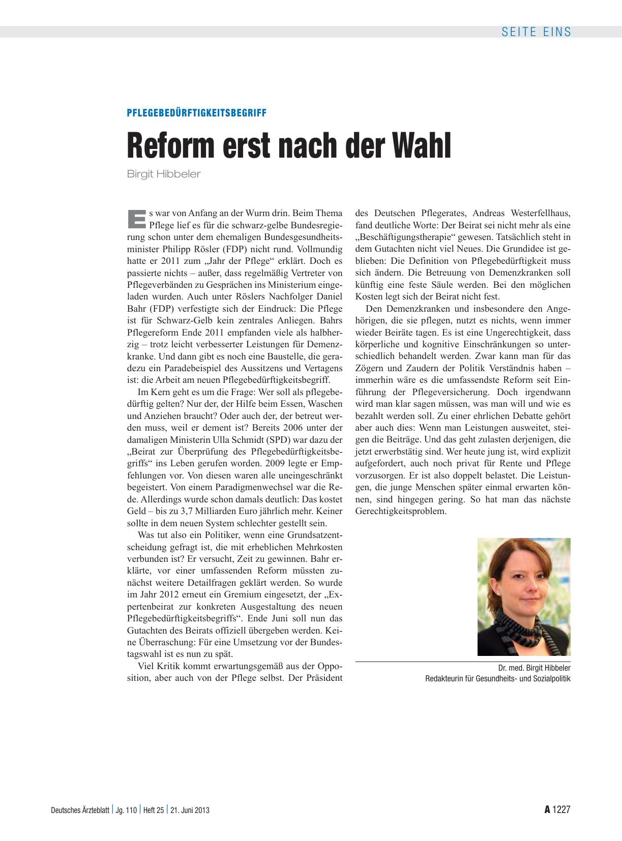 Vorschauseite 1: Pflegebedürftigkeitsbegriff: Reform erst nach der Wahl
