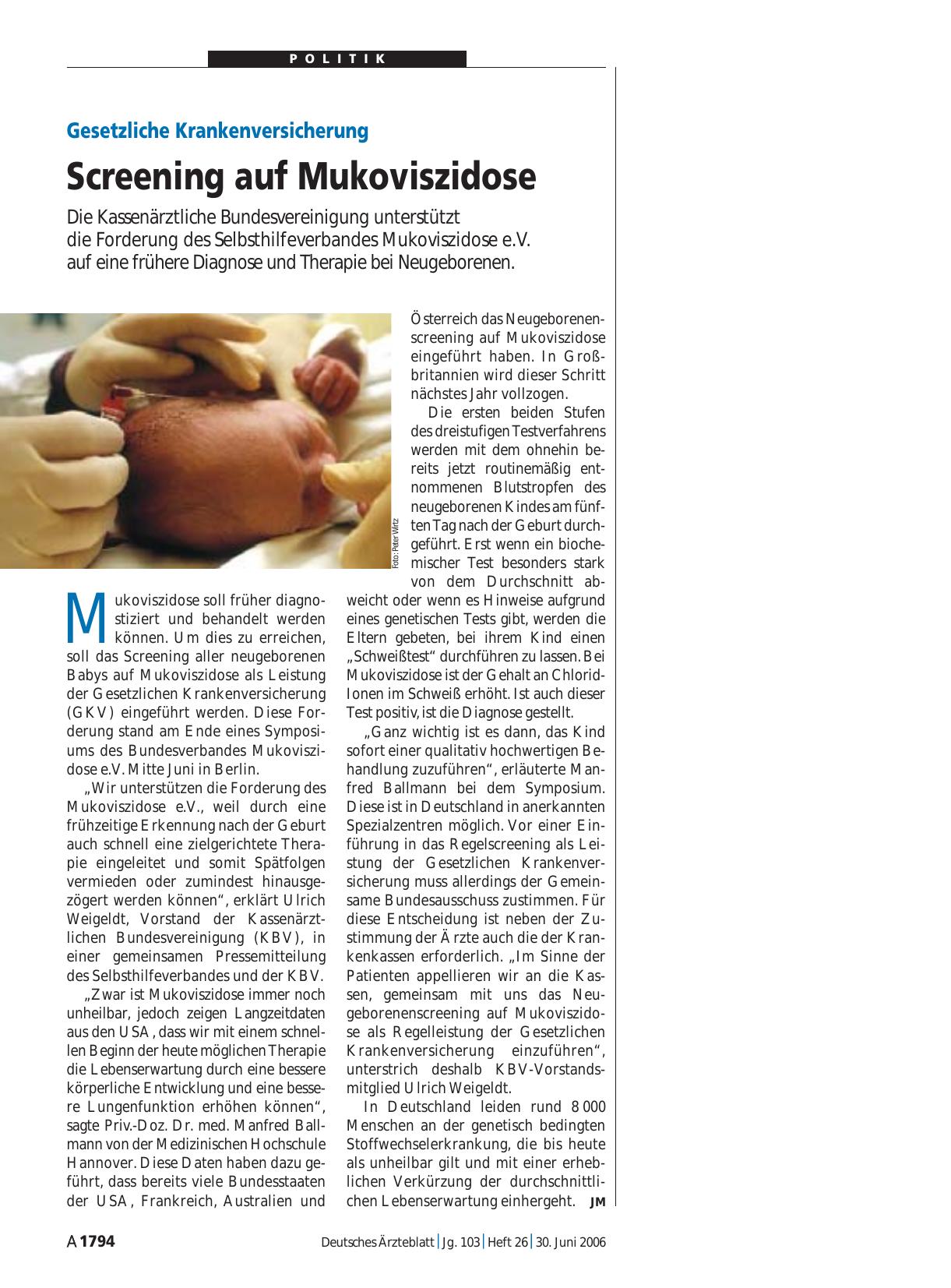 Vorschauseite 1: Gesetzliche Krankenversicherung: Screening auf Mukoviszidose