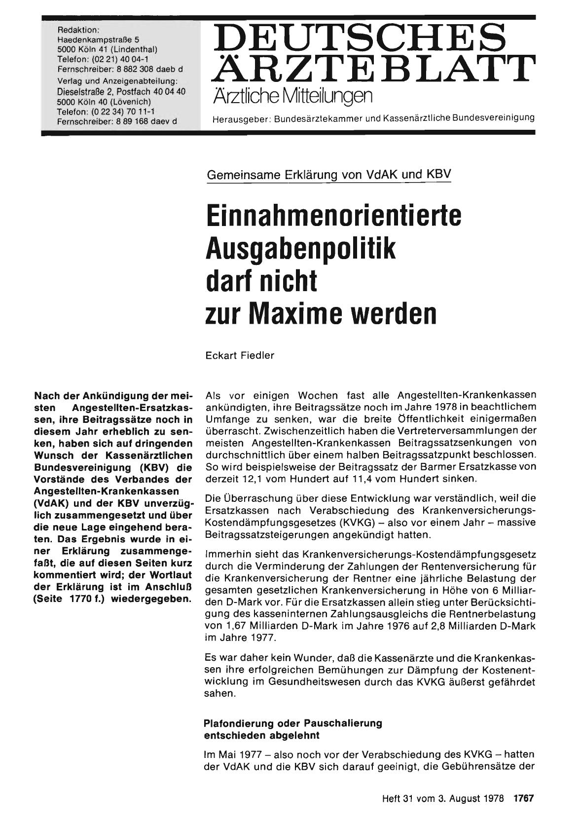 Vorschauseite 1: Gemeinsame Erklärung von VdAK und KBV Einnahmenorientierte Ausgabenpolitik darf nicht zur Maxime werden