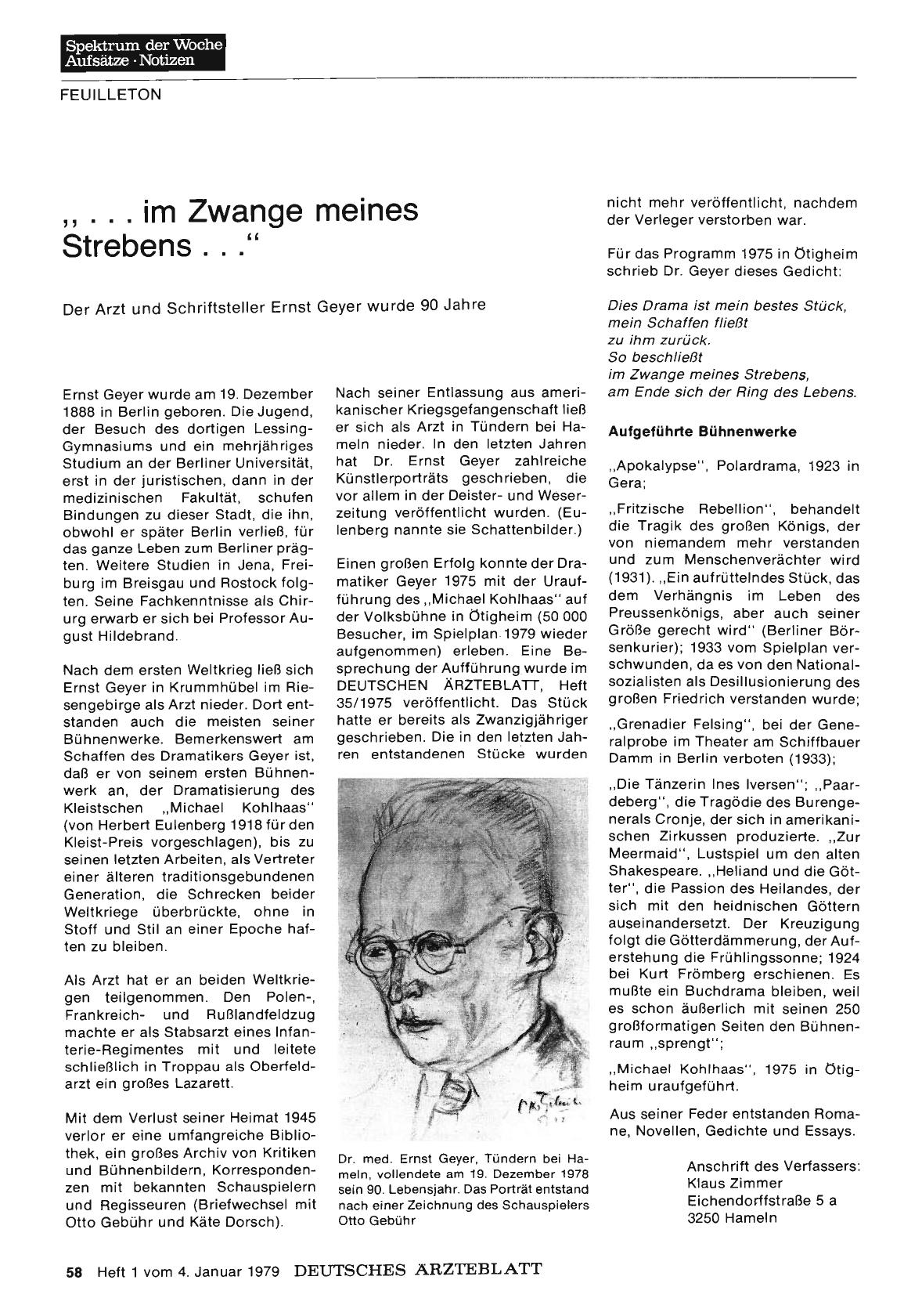 Vorschauseite 1: „. .. im Zwange meines Strebens. .. “ Der Arzt und Schriftsteller Ernst Geyer wurde 90 Jahre