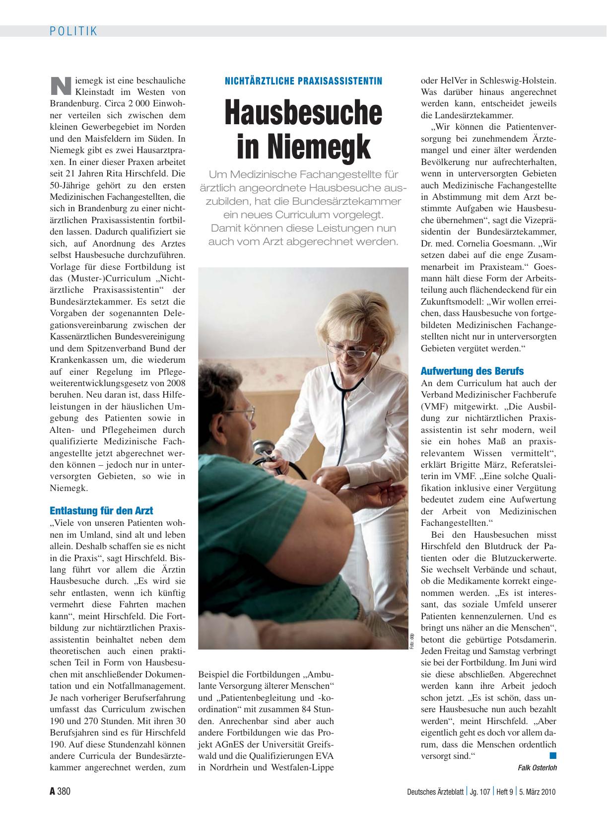 Vorschauseite 1: Nichtärztliche Praxisassistentin: Hausbesuche in Niemegk