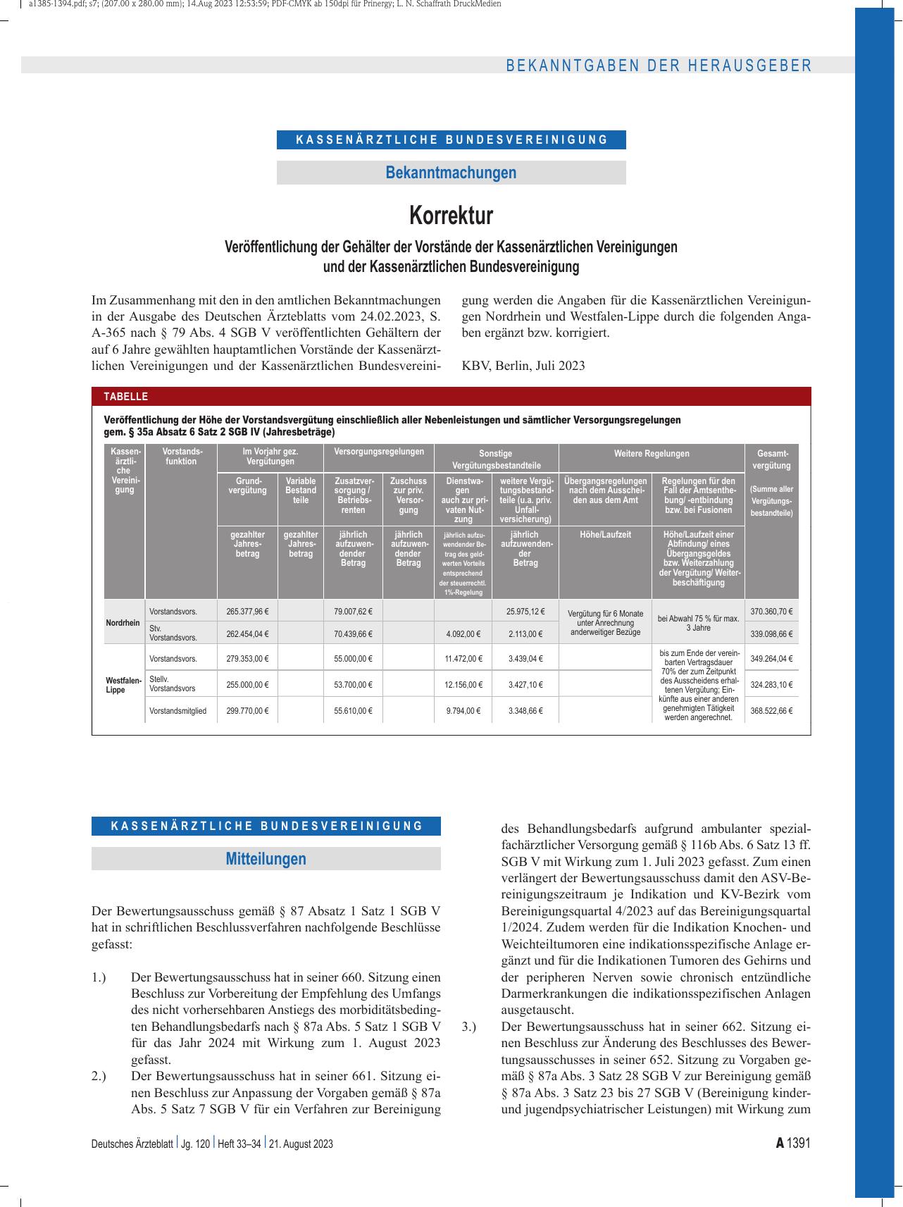 Vorschauseite 1: Korrektur: Veröffentlichung der Gehälter der Vorstände der Kassenärztlichen Vereinigungen und der Kassenärztlichen Bundesvereinigung