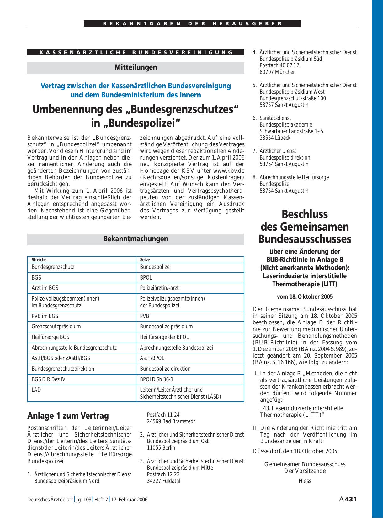 Vorschauseite 1: Bekanntmachungen: Umbenennung des „Bundesgrenzschutzes“ in „Bundespolizei“