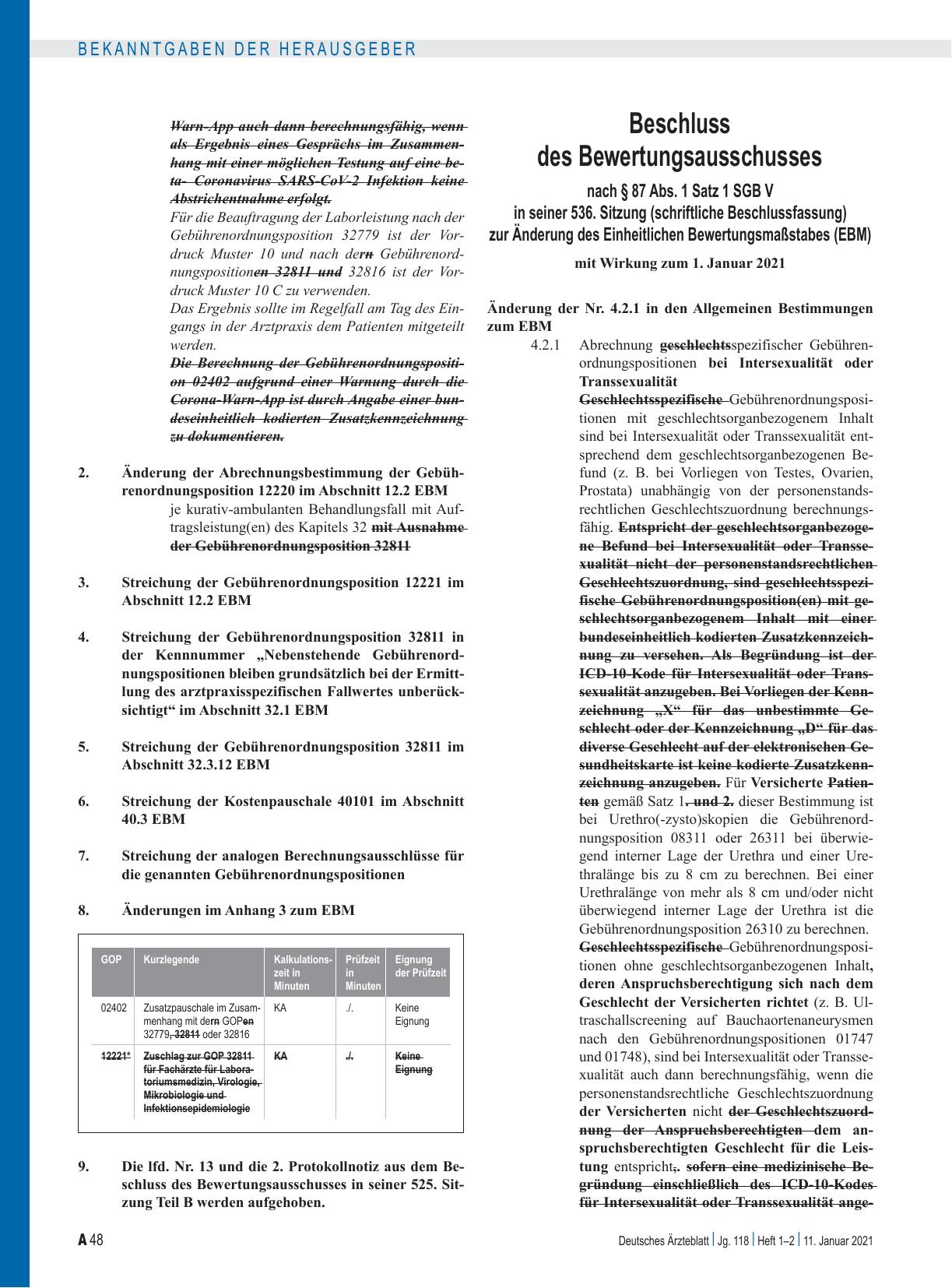 Vorschauseite 1: Beschluss des Bewertungsausschusses nach § 87 Abs. 1 Satz 1 SGB V in seiner 536. Sitzung (schriftliche Beschlussfassung) zur Änderung des Einheitlichen Bewertungsmaßstabes (EBM)