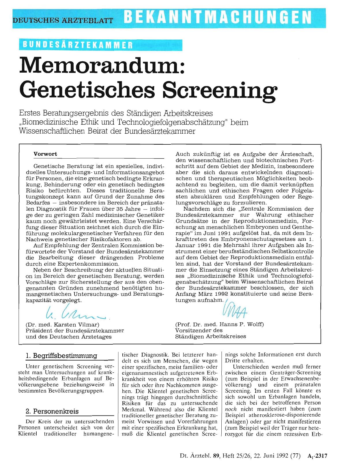 Vorschauseite 1: Memorandum: Genetisches Screening
