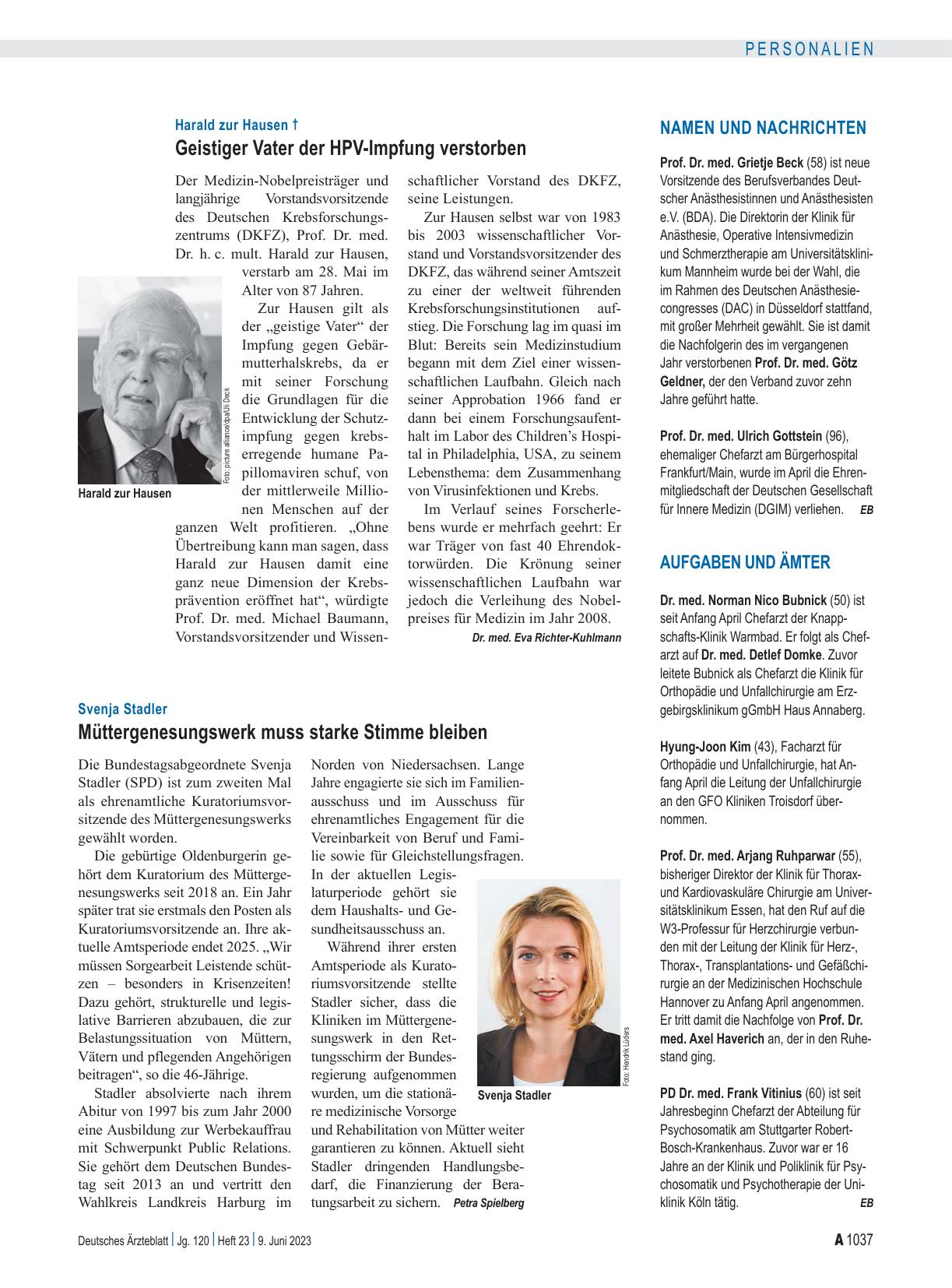 Vorschauseite 1: Harald zur Hausen †: Geistiger Vater der HPV-Impfung verstorben