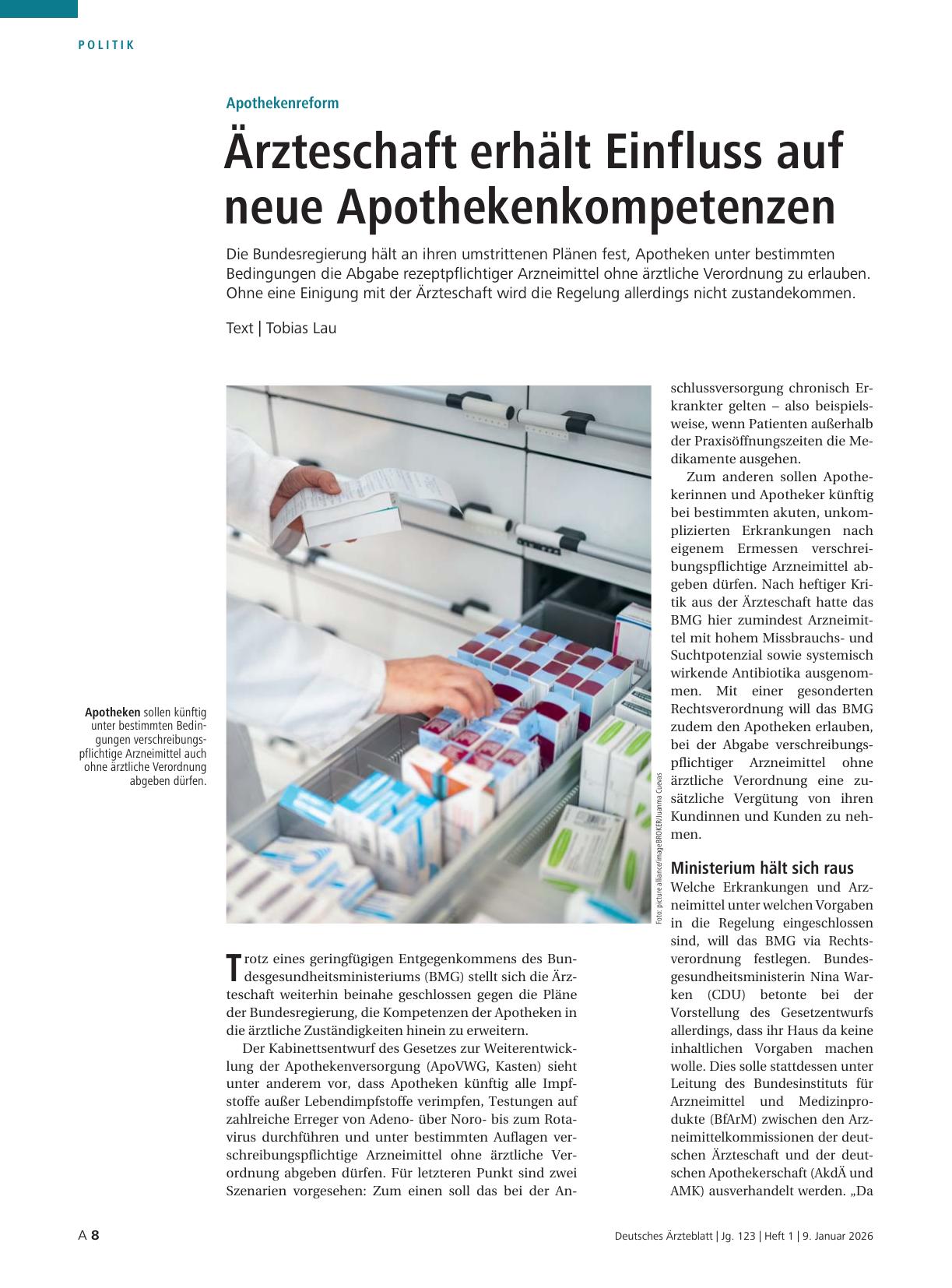 Vorschauseite 1: Apothekenreform: Ärzteschaft erhält Einfluss auf neue Apothekenkompetenzen
