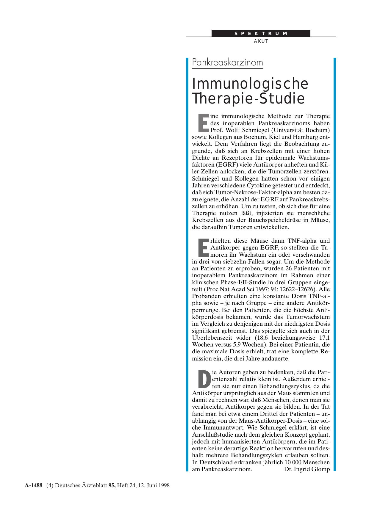 Vorschauseite 1: Pankreaskarzinom: Immunologische Therapie-Studie